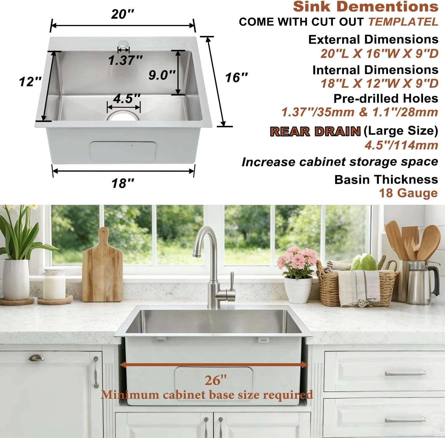 20x16 Inch Drop In Kitchen Sink, 3D Embossed Surface Finish Topmount Stainless Steel Single Bowl Sink, Extra-thick 16 Gauge For RV Laundry Utility with Basket Strainer