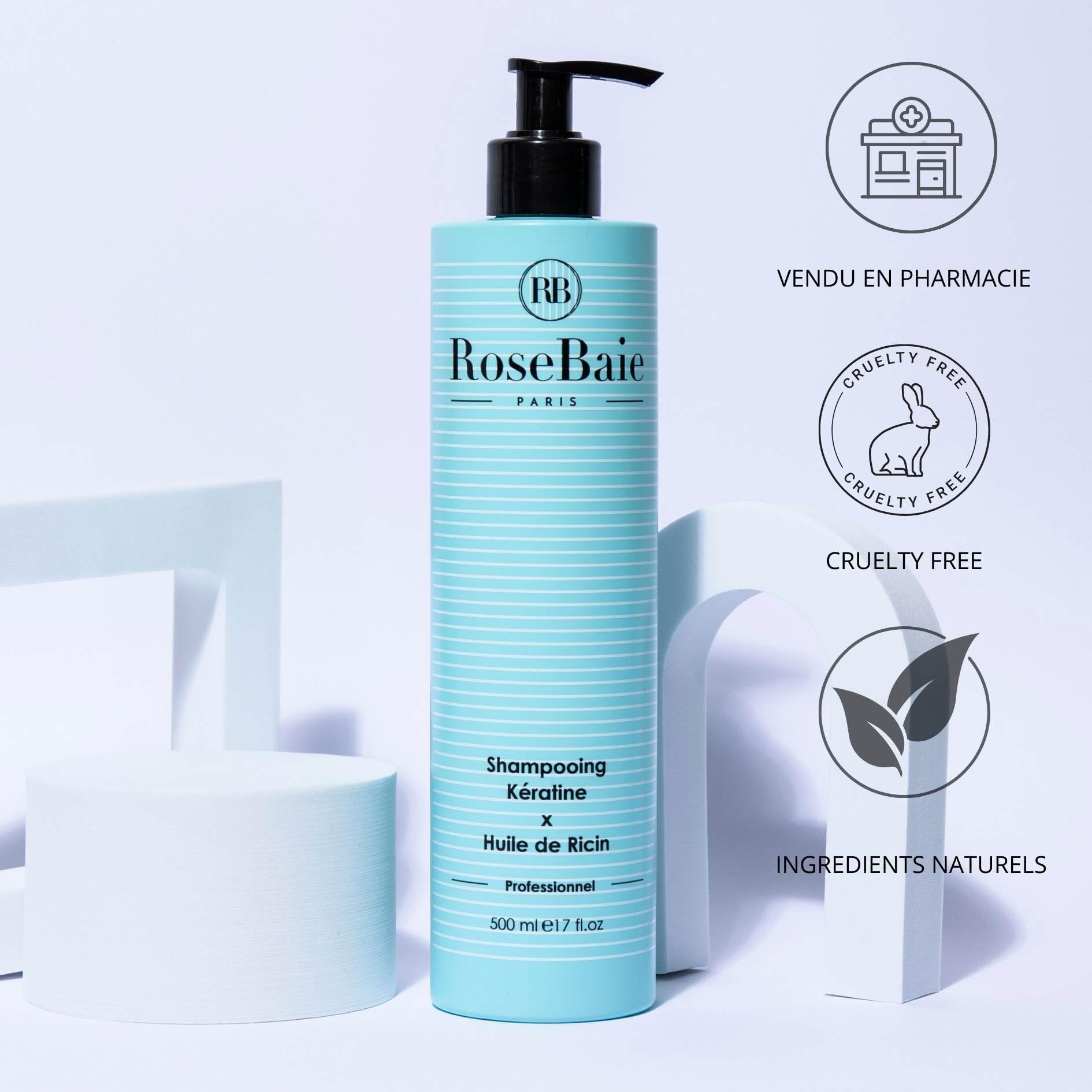 ROSEBAIE | Routine Trio Huile de Ricin et Kératine | Pousse et Hydratation | Shampoing 500ml | Masque 500ml | Sérum 100ml | Brosse massante offerte