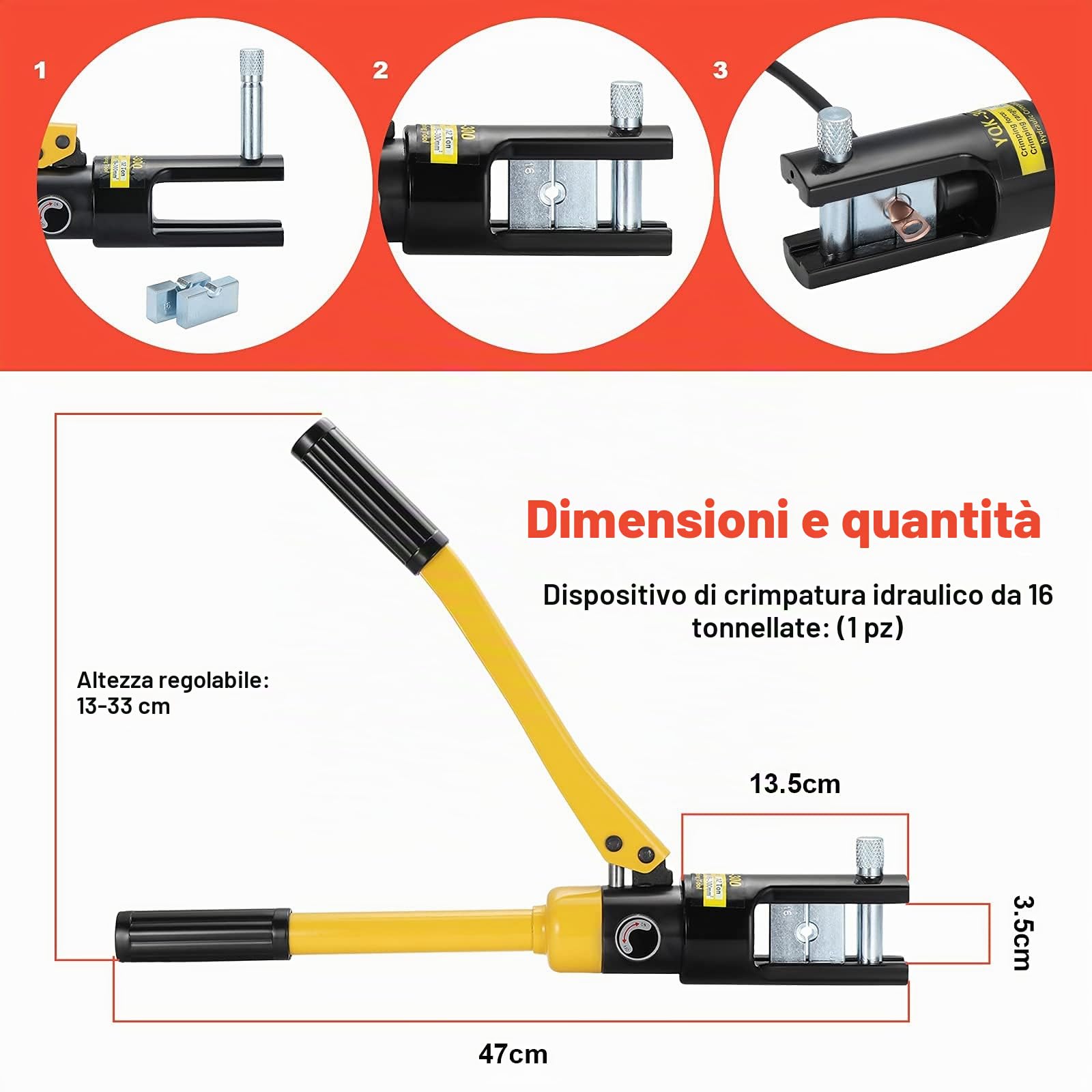 Gueenky 16T Pinza Crimpatrice Idraulica, 8-300 mm² Pinza Idraulica Capicorda Pinza Pressa Crimpatrice Idraulica per Cavi e Terminali Elettrici, con 13 Coppie di Matrici