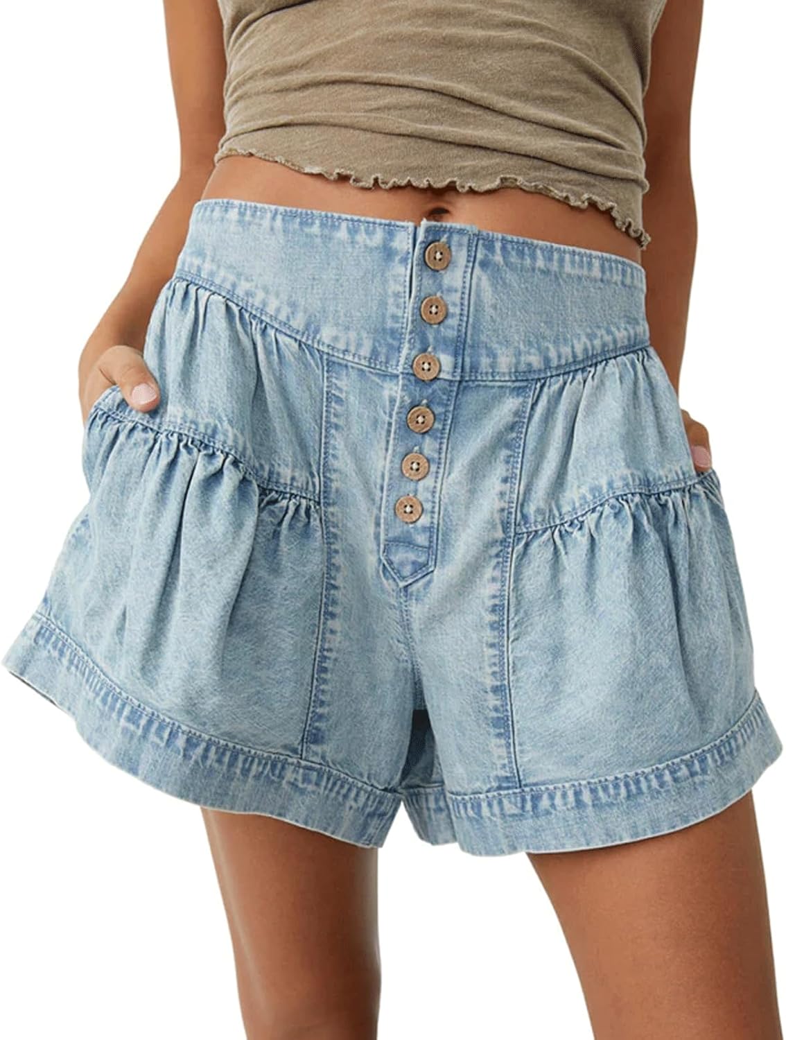 CHARTOU Women Cute Ruffle Hem Denim Short High Waist Wide Leg Jean Shorts Flare Stretchy Short with Pockets - Image 4