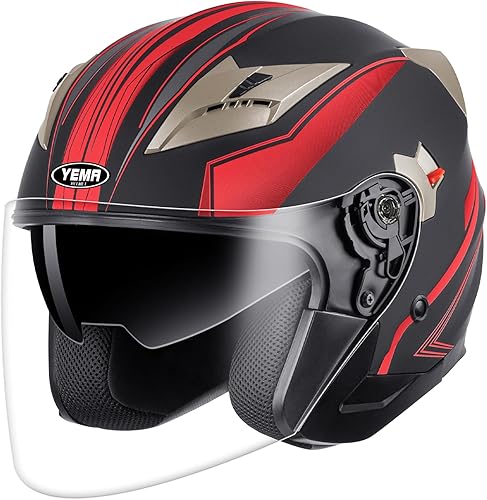 YEMA - Casco abierto para moto, aprobado por DOT, estilo 34 para ciclomotor, con doble visor y hebilla de liberación rápida, para hombre y mujer,