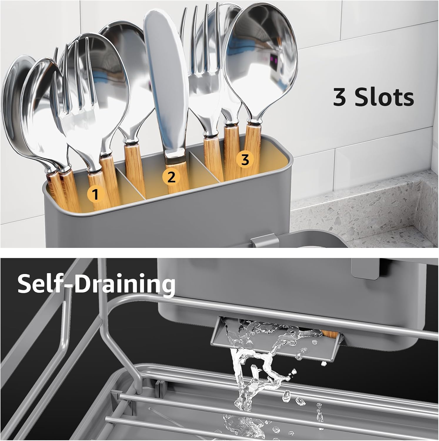 Dish Drying Rack for Kitchen Counter, Multifunctional Dish Drainer Rack, Kitchen Dish Rack, Sink Kitchen Dishes Strainer, Plate Rack with Drain Board, Cup Holder,and Cutlery Holder,Medium Size Gray