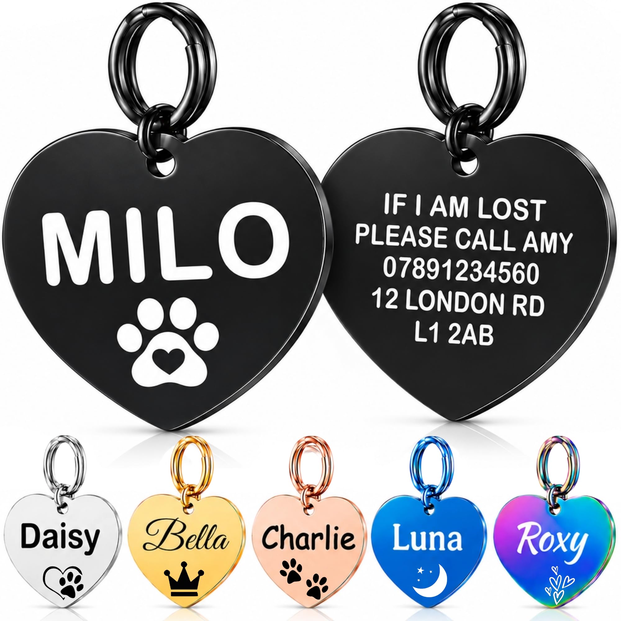 Personalised Dog Tags for Pets UK Prime, Deep Engraved Stainless Steel Cat & Dog Name ID Tags, Custom Anti-Lost Pet Tag, Scratch Rust & Fade Resistant for Puppy Kitten (Black Heart, S)