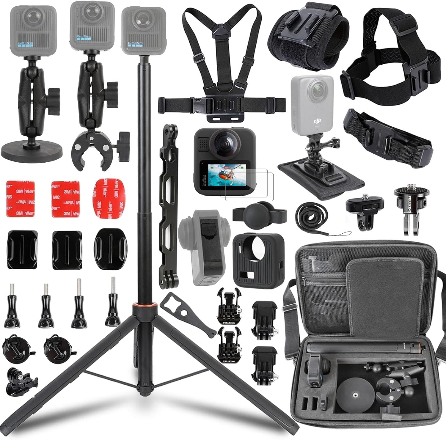 PellKing Accessories Kit for Gopro Max2,Included Carrying Case with Belt,135cm Selfie Stick Tripod,Handlebar Mount,Magnetic Mount,4 Pcs Body Strap Mount,Silicone case,Adhesive Sticker and Others