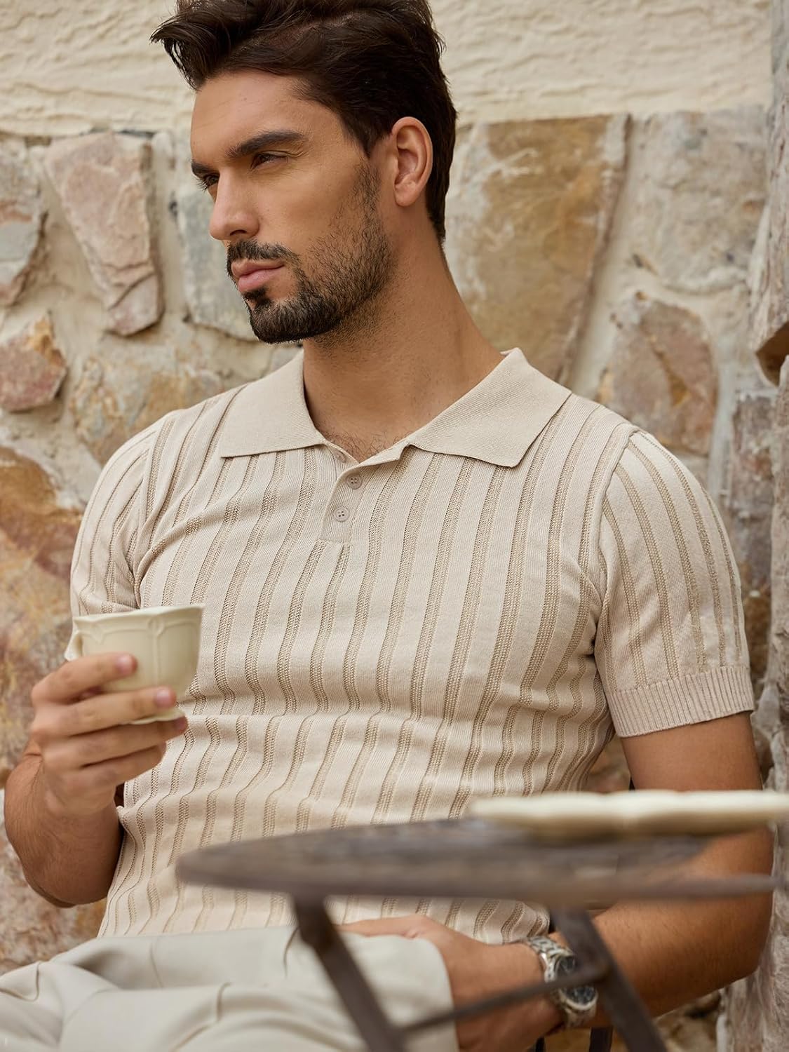 Les umes Mens Short Sleeve Polo Shirts Vertical Rib Knit Casual Shirt Slim Fit Summer Golf Outdoor Shirts - Image 4