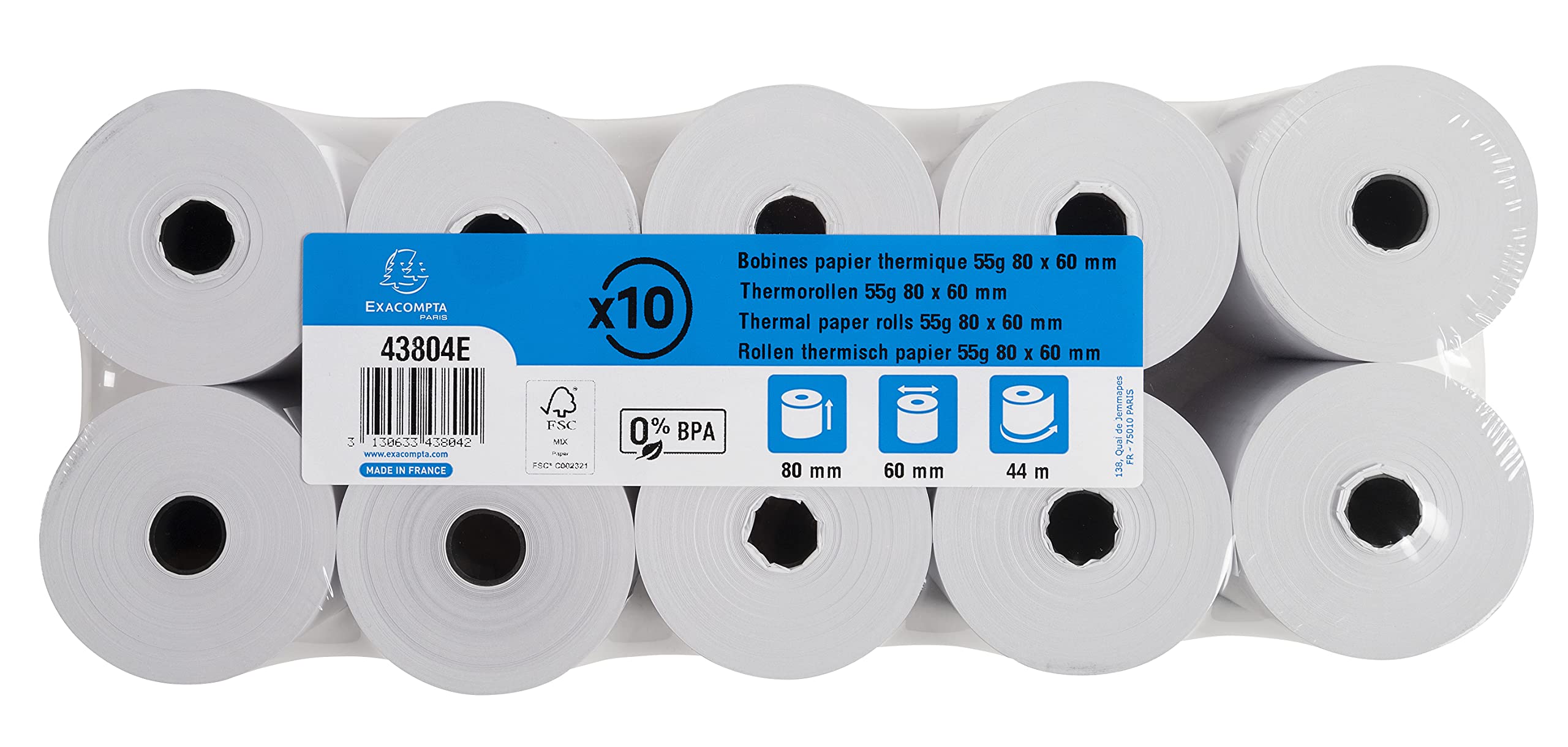 Exacompta Bobines pour balance 80 mm x 56 mm 48g/m² sans BpA Blanc 44 m
