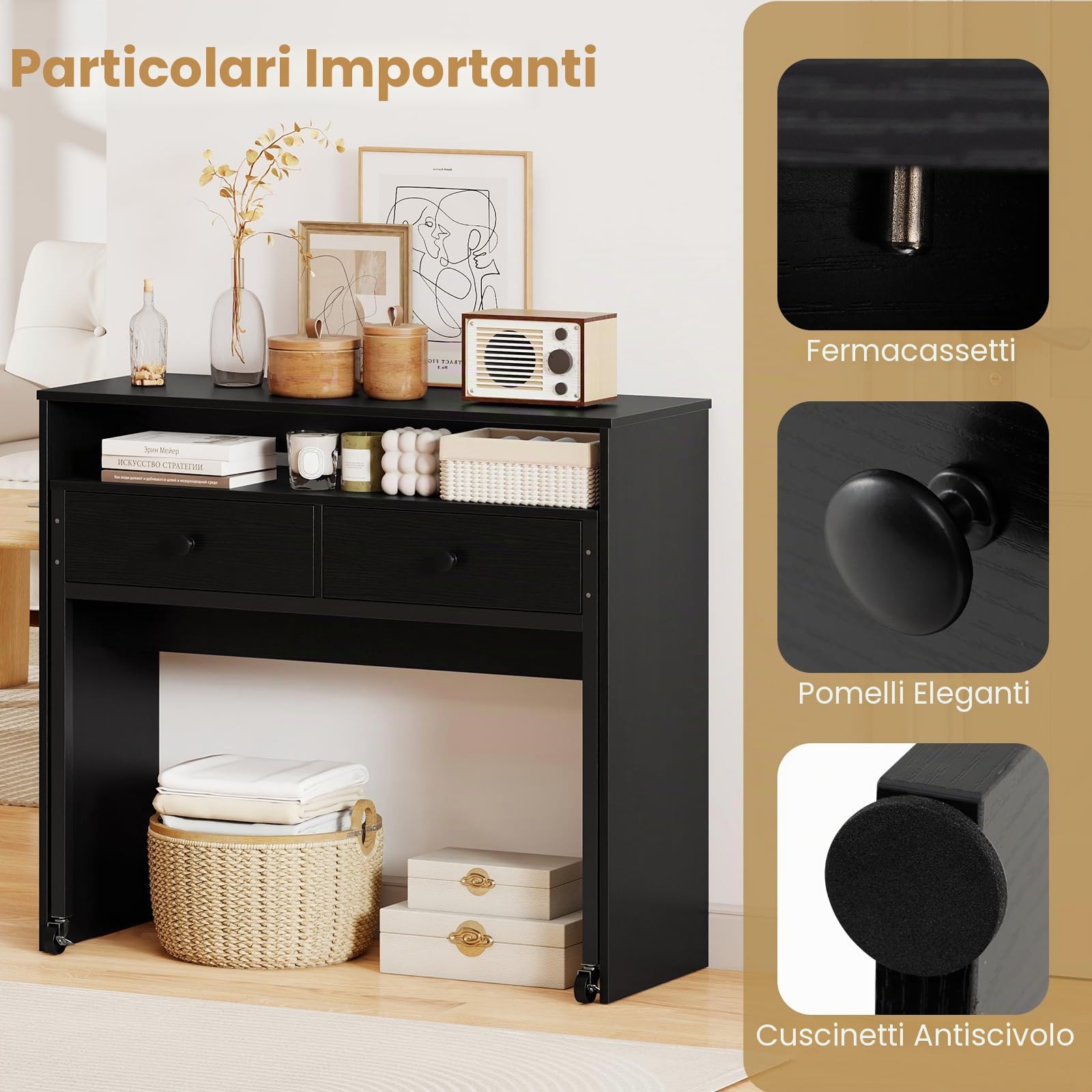 LIFEZEAL Scrivania per computer estensibile, tavolo portaoggetti con cassetti e ruote, tavolino salvaspazio per ufficio a casa, soggiorno, camera da letto