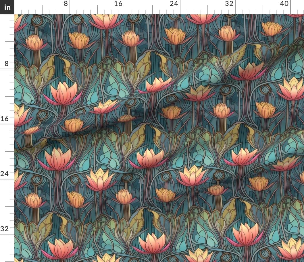 Spoonflower Fabric - Art Deco Floral Egyptian Lotus Stained Glass Nouveau Flowers Botanical Printed on Petal Cotton Fabric by The Yard - Sewing Quilting Apparel Crafts Decor