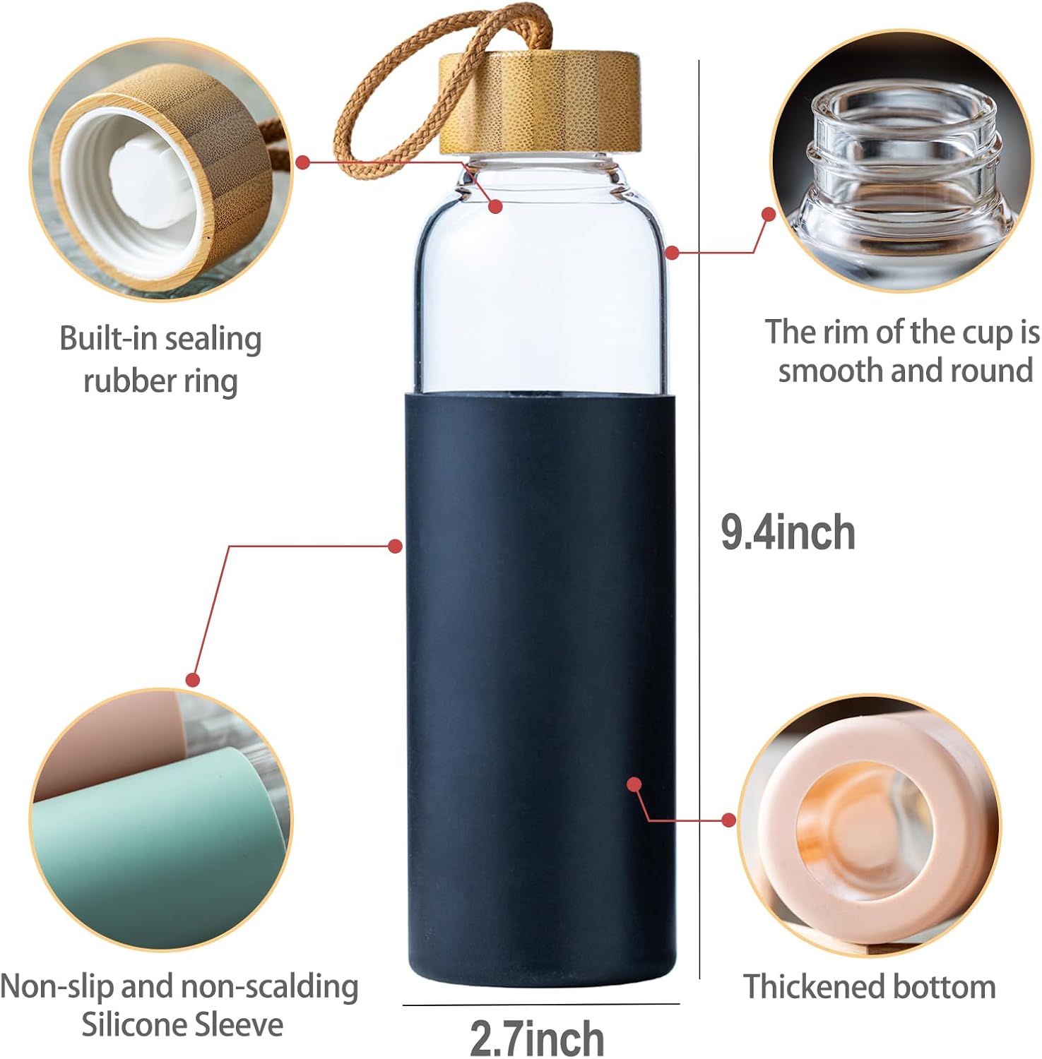 21oz Glass Water Bottle with Silicone Sleeve & Bamboo Lid, BPA Free Reusable Water Bottle Glass for Gym Office Travel, Gift for Fitness Enthusiasts (Black) - Image 2