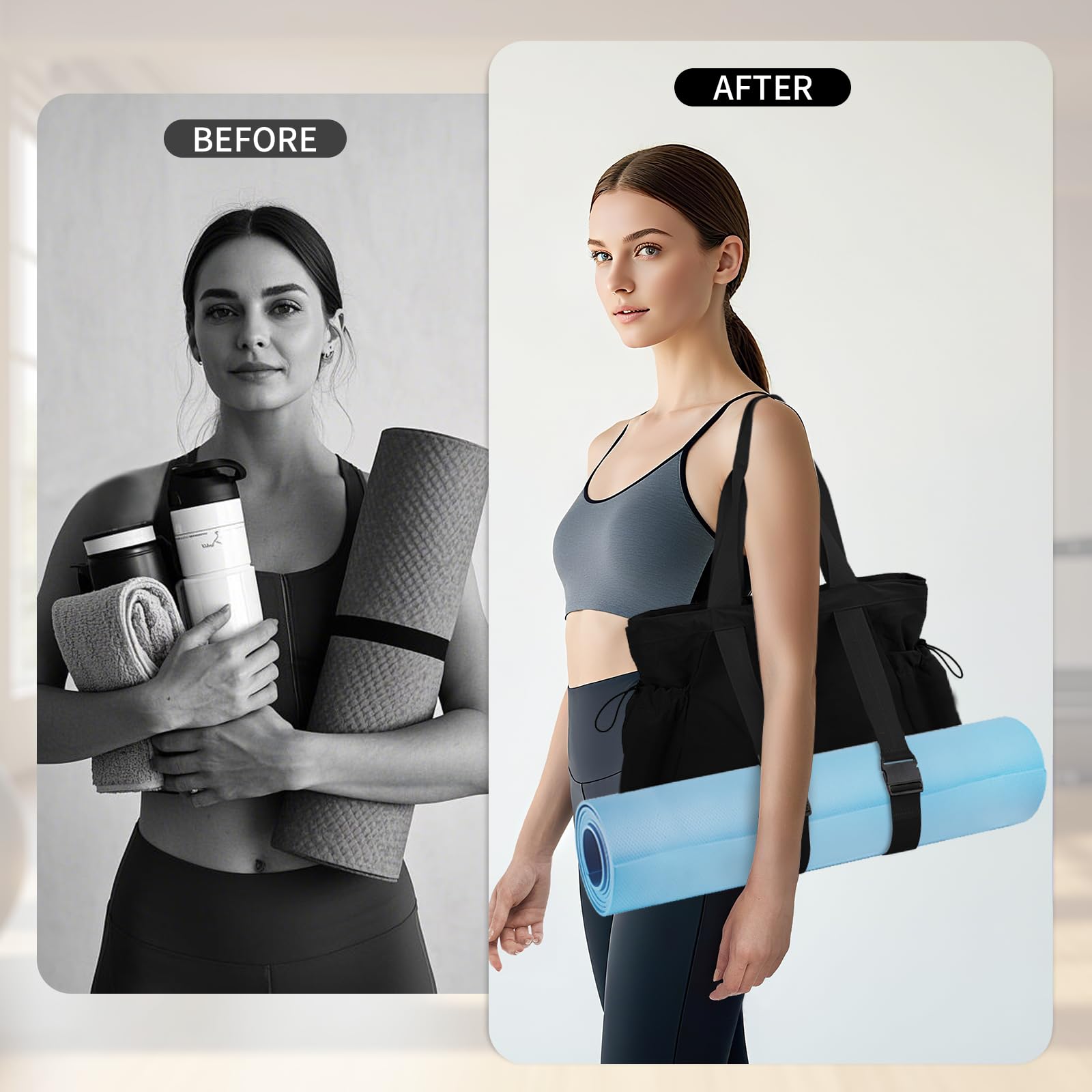 DLLTFPFE Yoga Bags for Women Gym Tote Bag with Adjustable Mat Holder Shoulder Bags Carrier Carryall for Yoga Pilates Travel Beach Work-Black