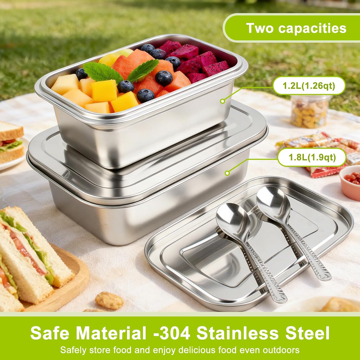 2 Pack Stainless Steel Ice Cream Containers with Lids, 40oz & 60oz Leakproof Homemade Ice Cream Freezer Reusable Storage Box Tubs for Gelato Sorbet Dessert Kitchen Use Includes 2 Spoons