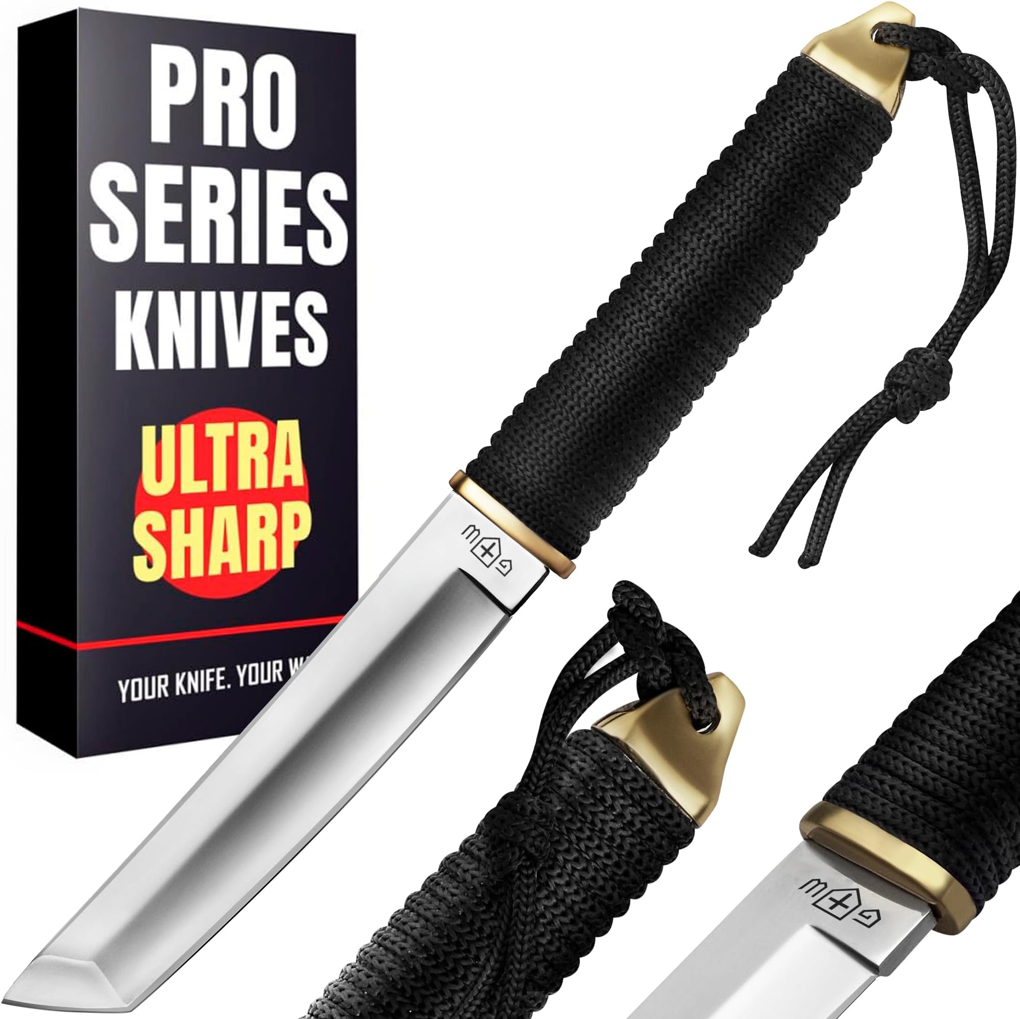 Tanto Knife with Sheath - 3+ Colors - 5.9" Fixed Full Tang Mirror Polished Blade - Cool Tactical Knives with Black Paracord Handle - for Hunting Camping Military Survival Hiking Work 2307 Silver