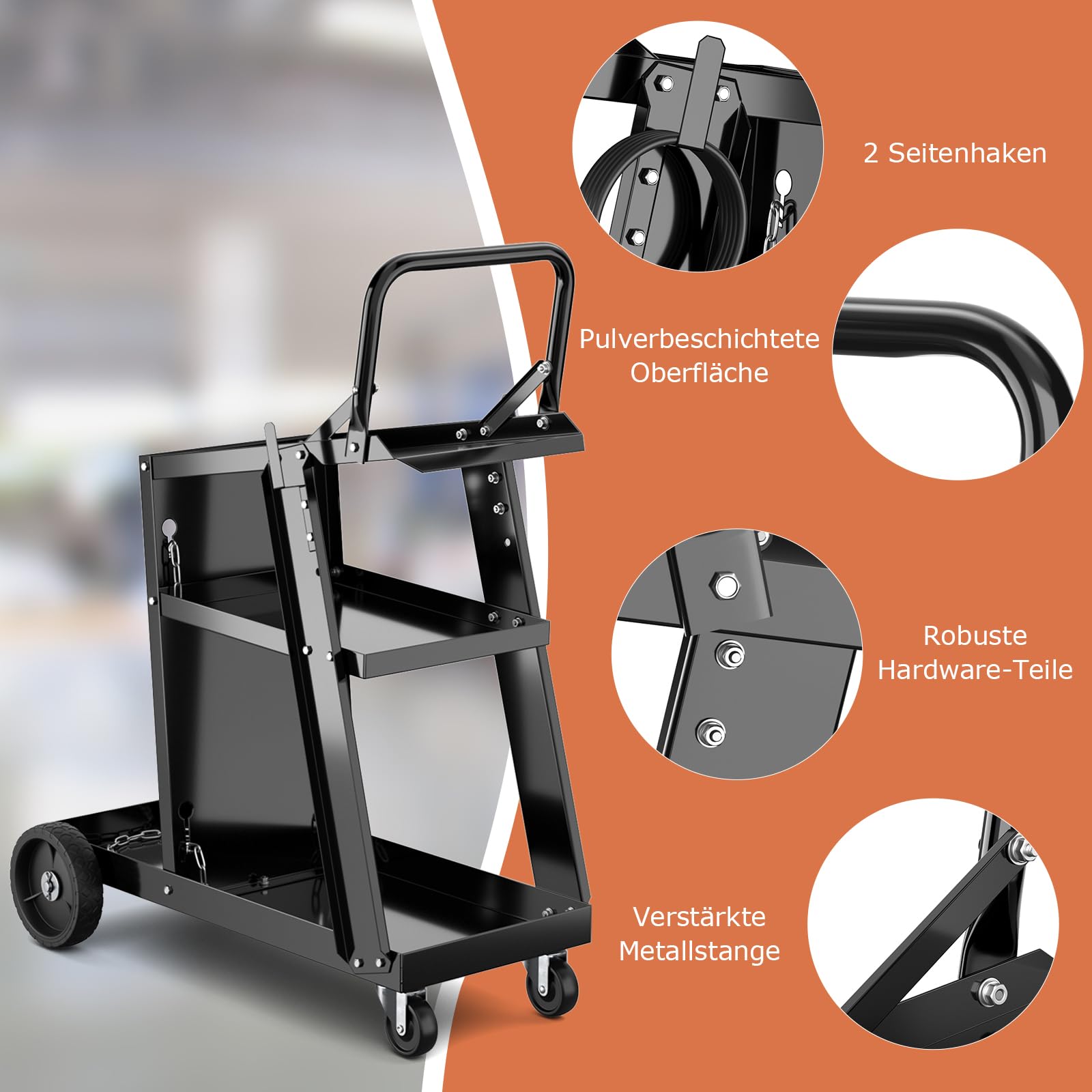 GOPLUS 3-stufiger Schweißwagen, Schweißmobil Wagen mit 2 Sicherheitsketten, 360°-Schwenkrädern, 2 Seitenhaken, 50 kg Kapazität, rollender Gerätewagen für Schweißgerät & Plasmaschneider