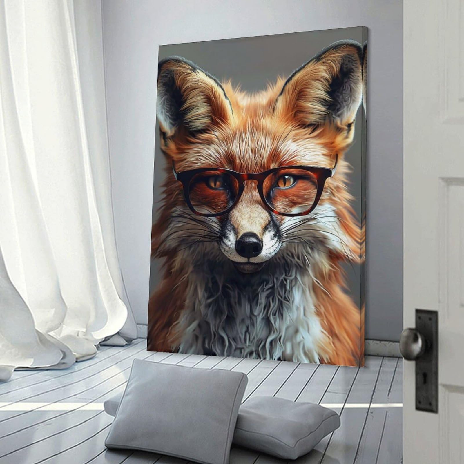 Junmoney Canvas Wall Art Fox Wearing Glasses, 24x36inch(60x90cm), for Gallery Wall Decor And Room Displays, Decorative Artwork with Flexible Styling
