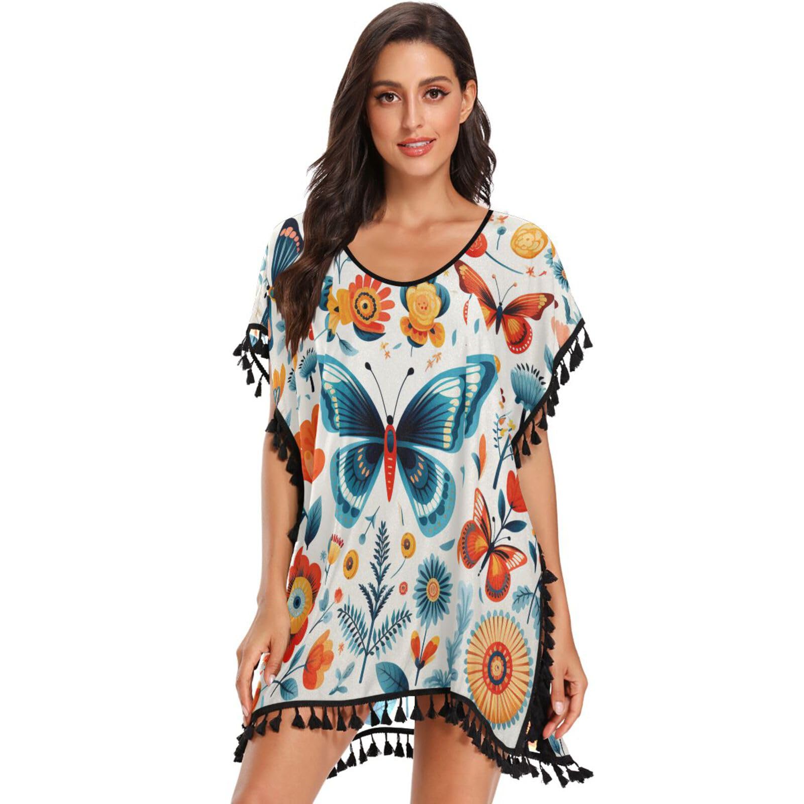 Butterfly Flowers Cartoon Art Women's Beach Cover Up Chiffon Tassel Swimwear Swimsuit Coverups for Girl