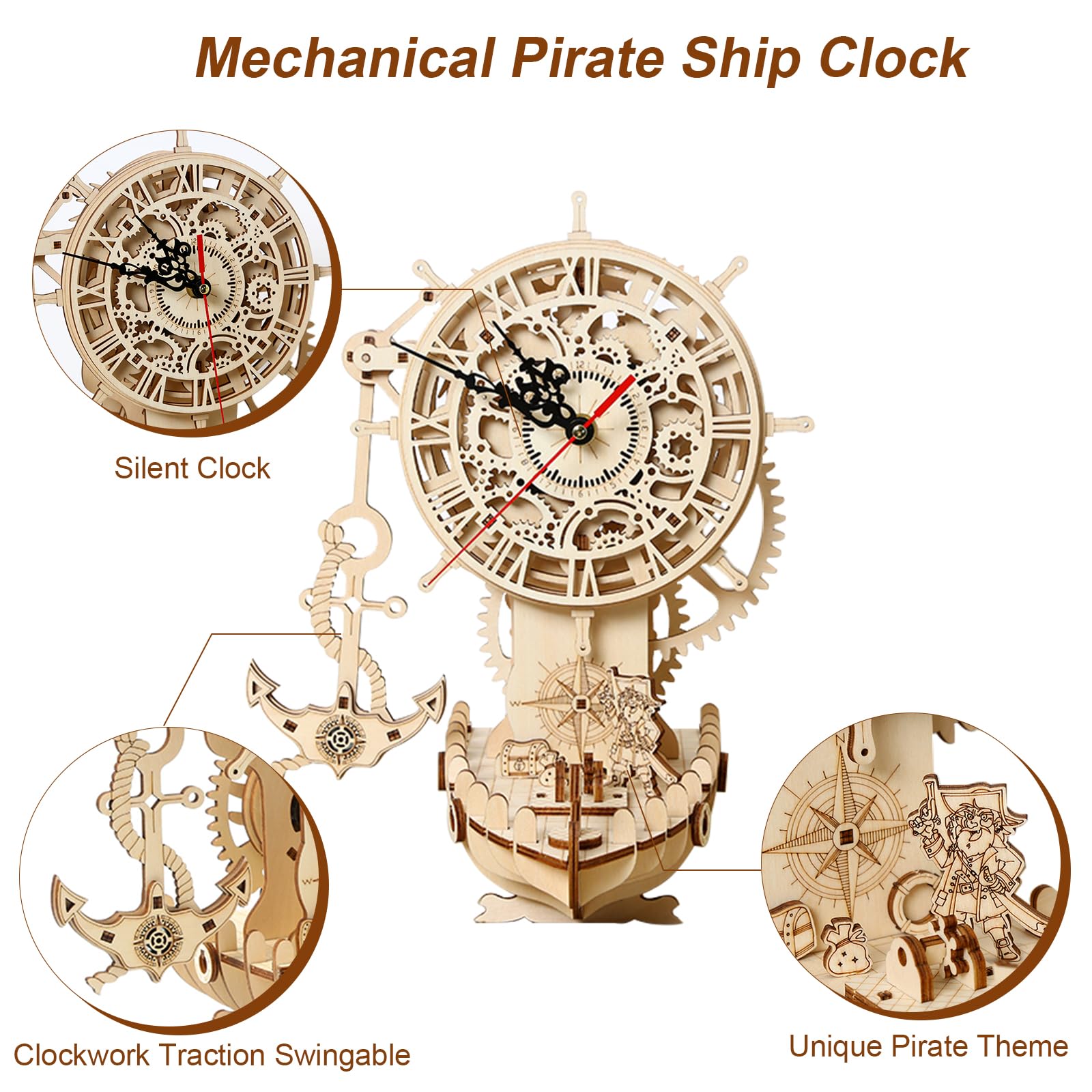 3D drewniane puzzle dla dorosłych, 3D drewniany zegar puzzle mechaniczne model, Drewniany zegar DIY z pirackim statkiem, DIY świąteczne prezenty urodzinowe, 123 elementy
