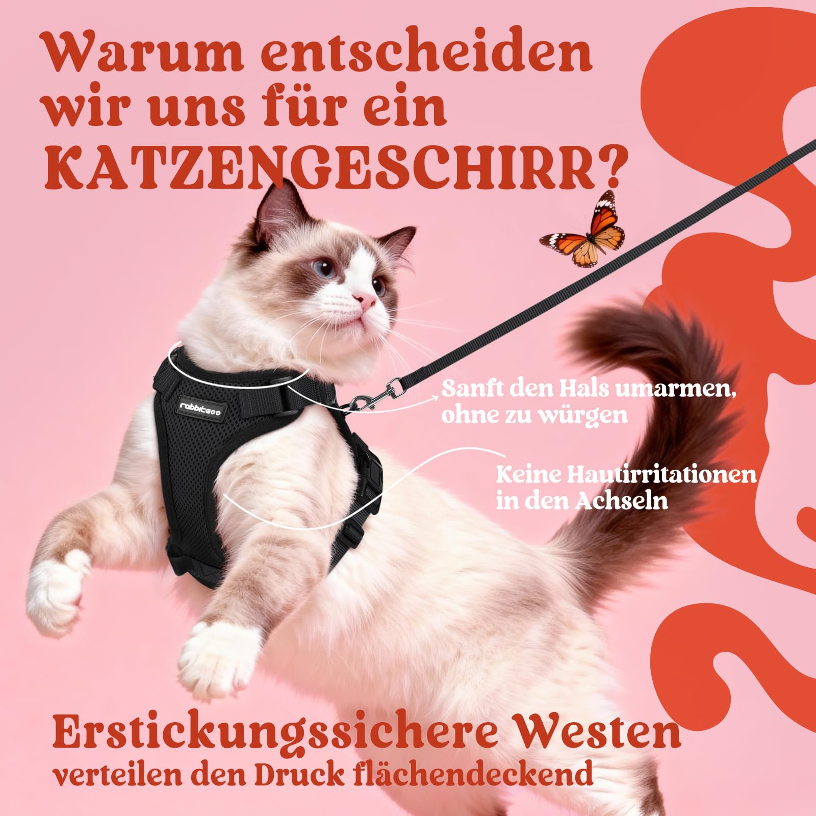 rabbitgoo Katzengeschirr mit Leine Schwarz Softgeschirr für Katze Brustgeschirr Cat Harness Katzengarnitur ausbruchsicher verstellbar Katzenweste Schwarz M - 3