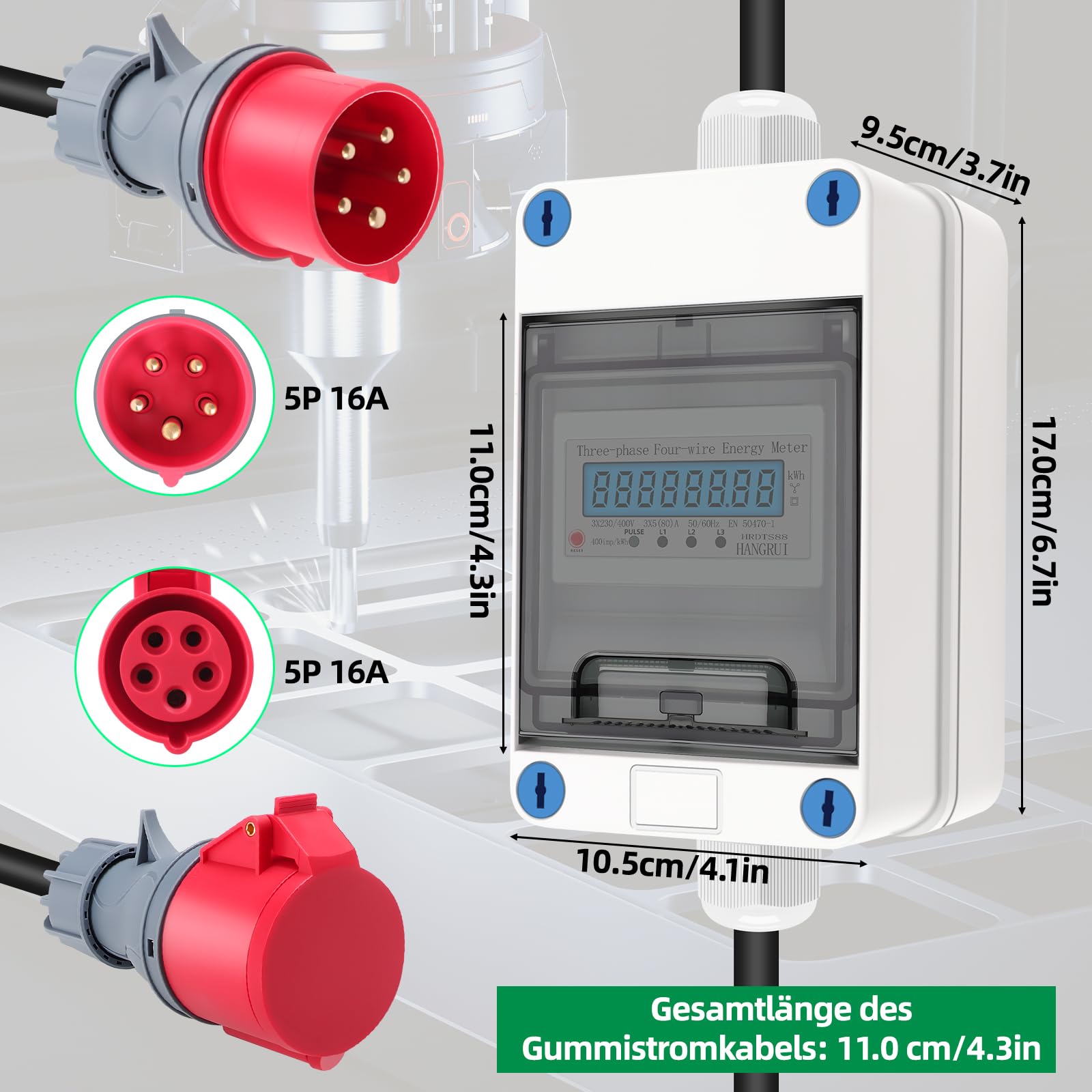 Mobiler Digitaler Stromzähler 3 Phasen 16A 400V CEE Stecker Kupplung IP68 2m Kabel