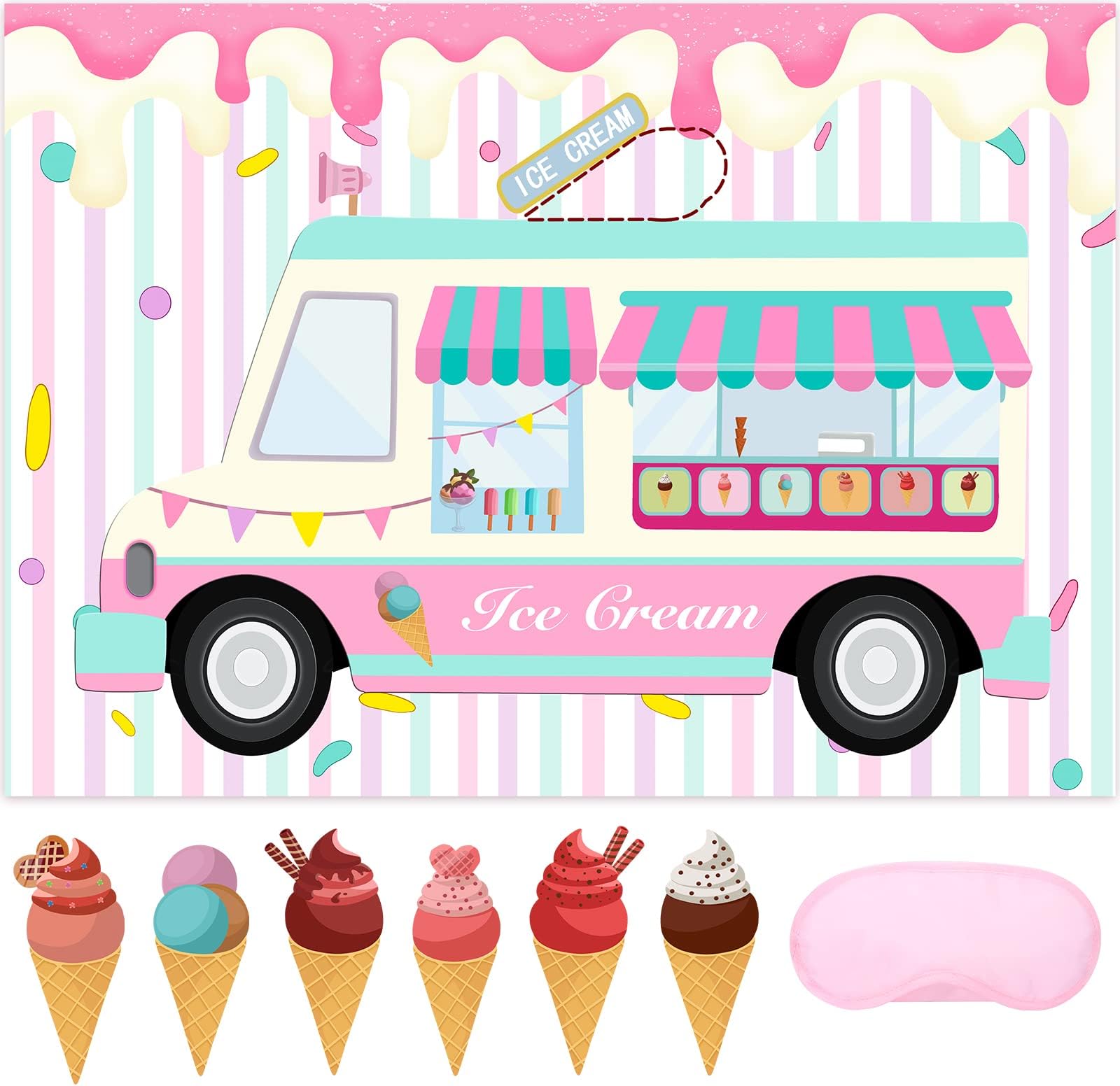 Pin the Ice Cream on the Truck Shop - Party Game for Kids Girls 20" x 28" Poster With 24 Reusable Stickers - Birthday Party Favor Sets