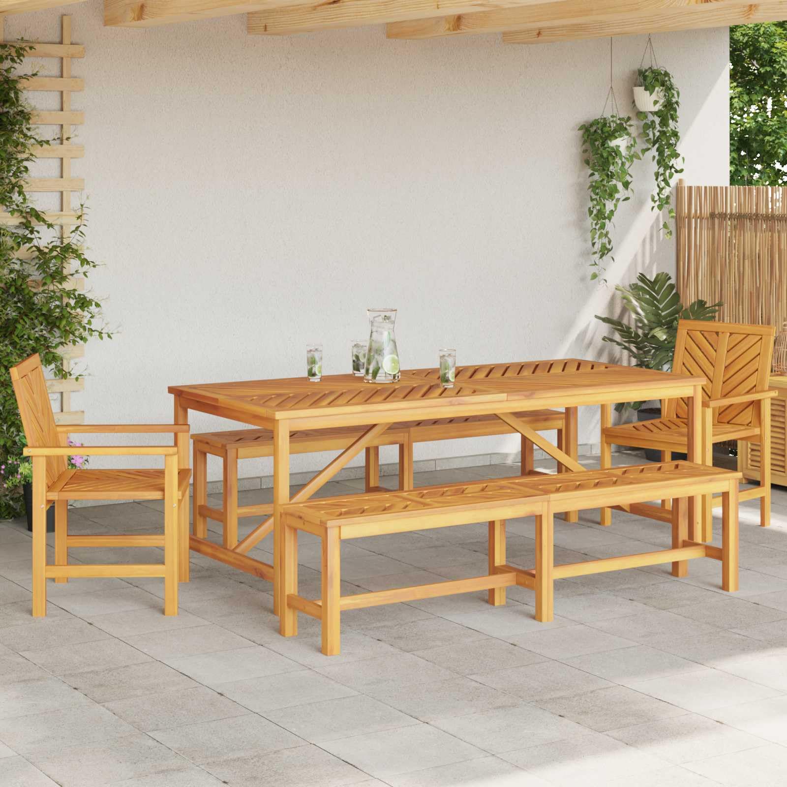 Set da pranzo da giardino in legno massiccio di acacia, marrone, 5 pezzi, con tavolo da 200 x 90 x 74 cm e set di sedute per terrazza, balcone, esterno, ideale per sala da pranzo, resistente