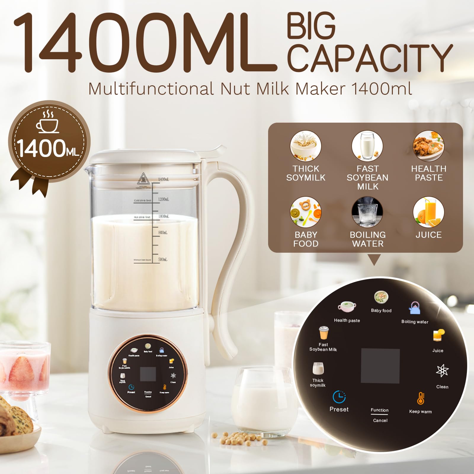 Macchina Latte di Soia, 1400ml Macchina per Latte di Noci, Multifunzionale Macchina per Latte Vegetale con Autopulente Fatto in Casa, Avena, Soia, Bevande senza Latticini