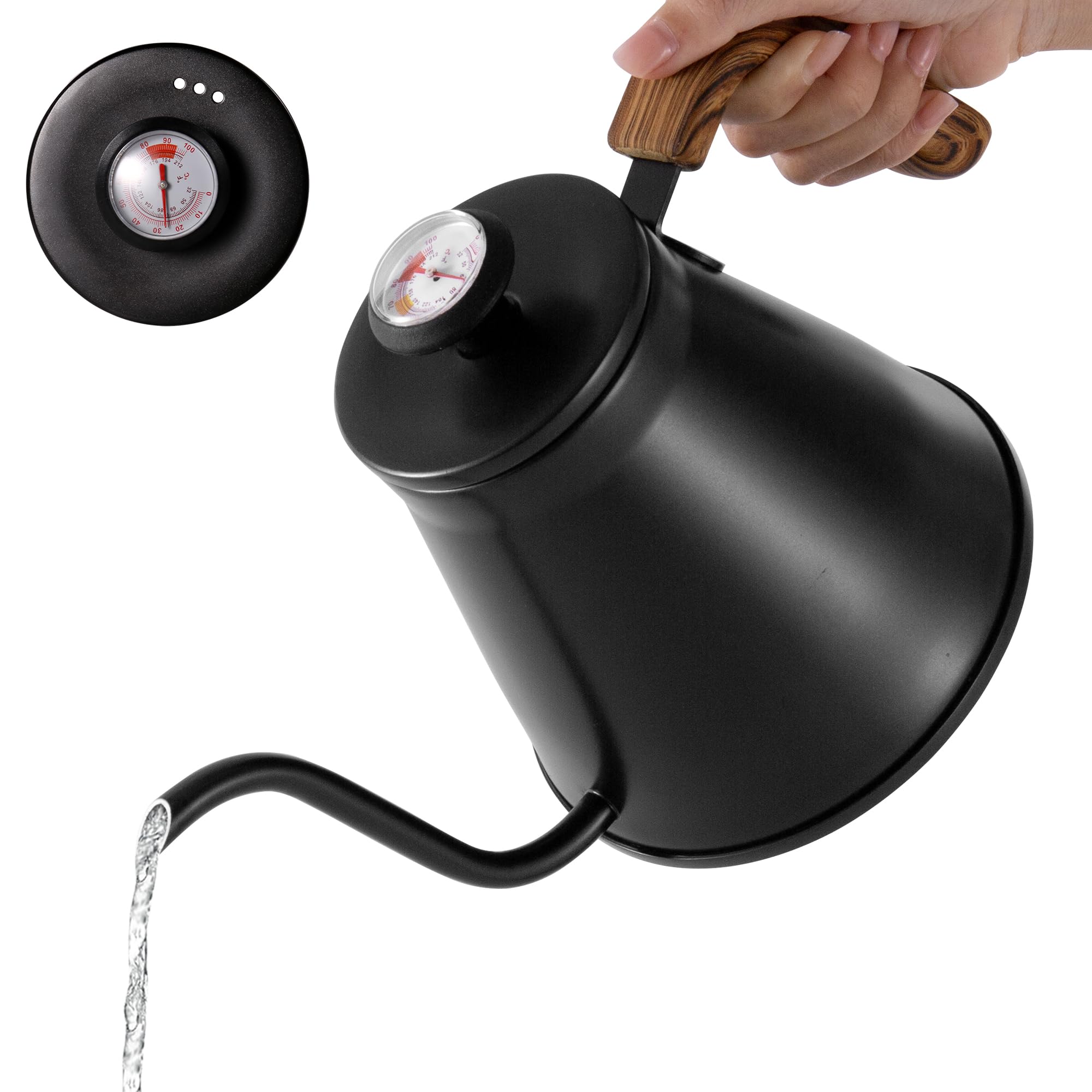 Gooseneck Kettle, 40oz/1.2L Pour Over Kettle with Thermometer for Stove Top, Non-stick Coating Stainless Steel Tea Coffee Kettle, Black