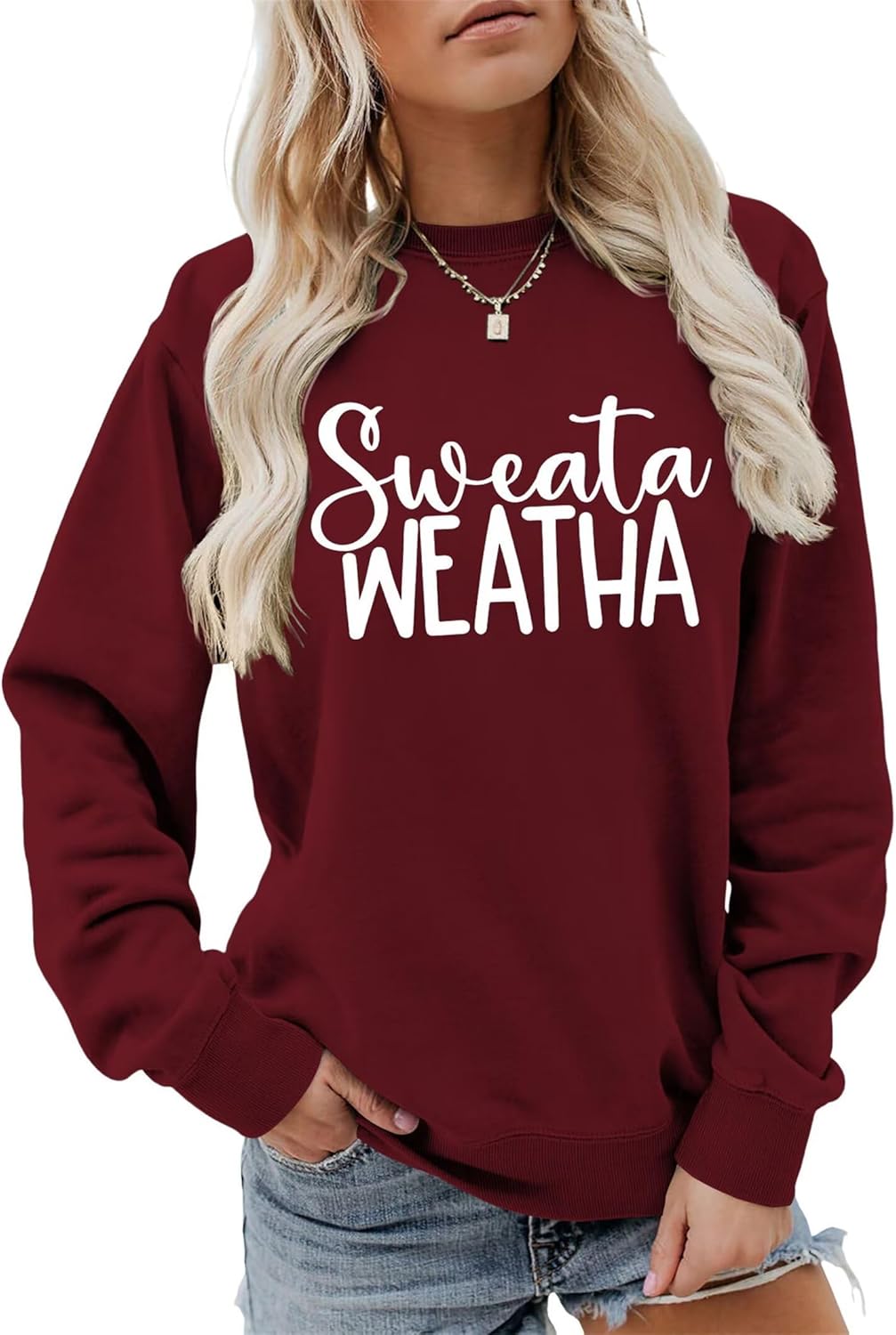 Sweata Weatha Sweatshirt for Women Cozy Fall Winter Sweatshirt Funny Sayings Crewneck Long Sleeve Casual Pullover Top