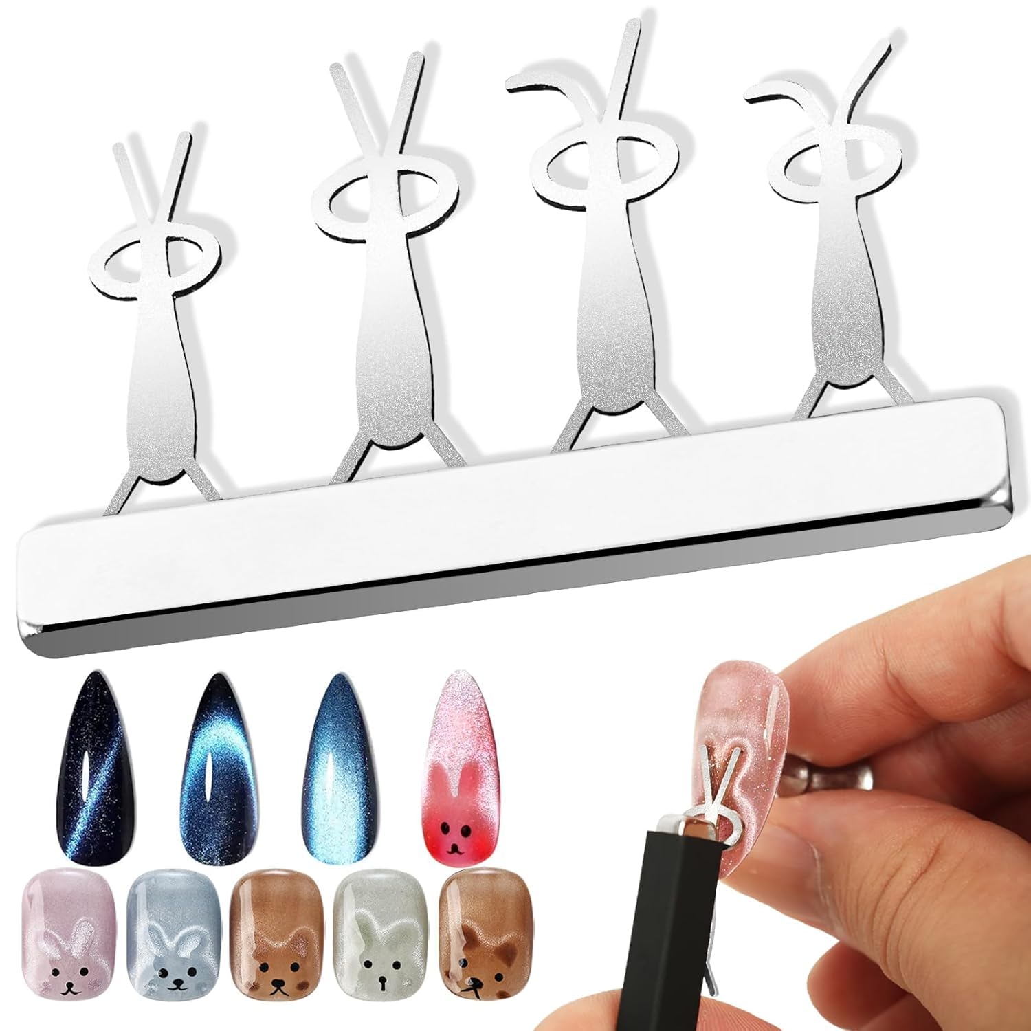 Gleevia Rabbit Cat Eye Nail Magnet Tool, Cat Eye Long Square Magnet with 4 Pcs Stainless Steel Bunny Shape Cat Eye Nail Magnet Tool for Cat Eye Gel Nail Polish, Perfect for DIY or Nail Salon-image-38
