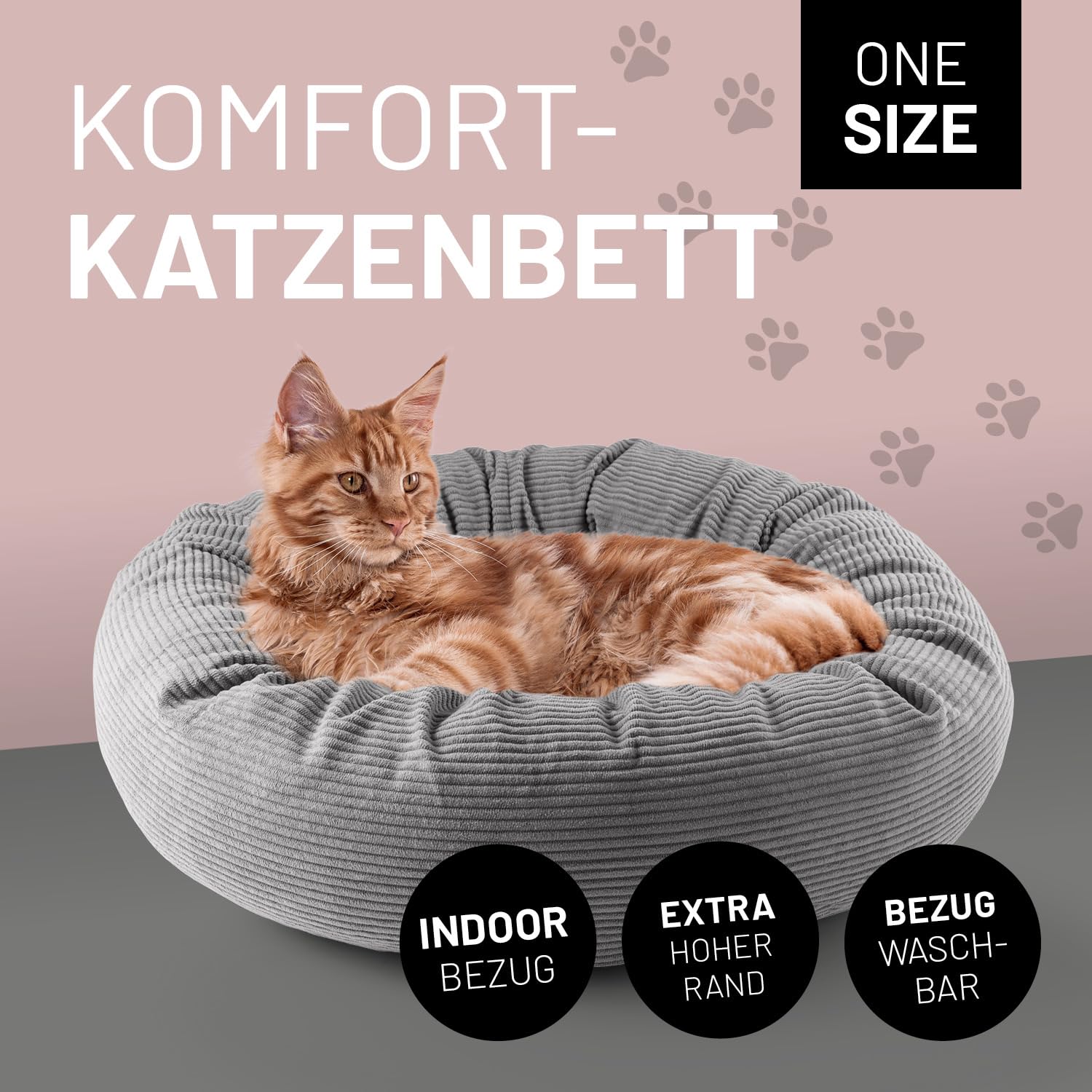Lumaland Komfort Katzenbett Cord, Ø 60 cm | Katzenhöhle Rutschfester Boden | Katzen Zubehör mit Softer Füllung & Cord-Bezug – alle Teile waschbar | Katzenkorb mit Reißverschluss und 15 cm hohem Rand