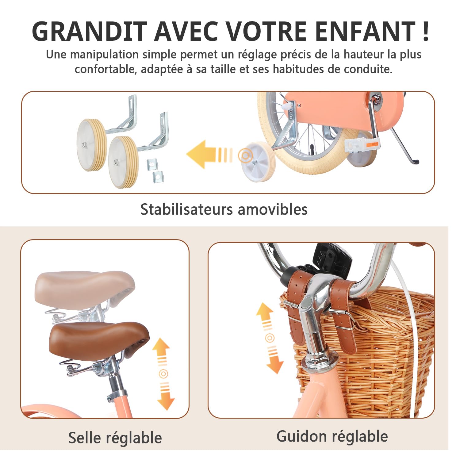 Glerc Little Molly Vélo rétro 12-20" pour enfants de 2 à 13 ans avec panier en osier et roues stabilisatrices/béquille, plusieurs couleurs disponibles