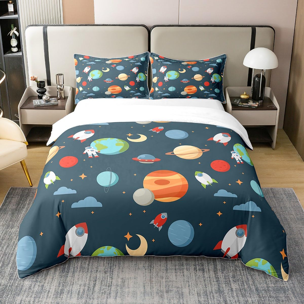 Set Copripiumino Per Bambini A Tema Spaziale - 100% Cotone, King Size, Con Razzi E Astronauti - Blu, 3 Pezzi (copripiumino + 2 Federe)