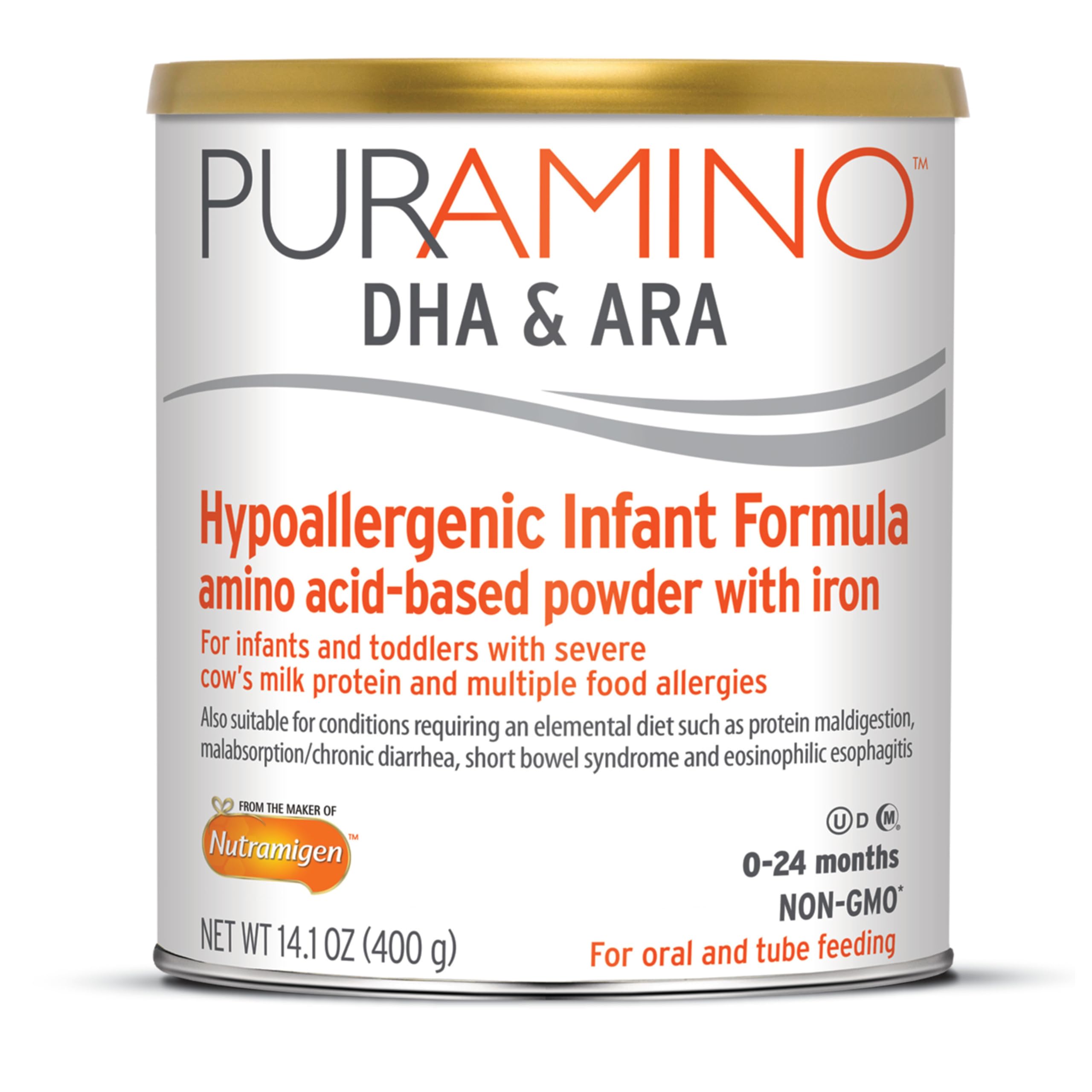 PurAmino Hypoallergenic Infant Drink, for Severe Food Allergies, Omega-3 DHA, Iron, Immune Support, Powder Can, 14.1 Oz