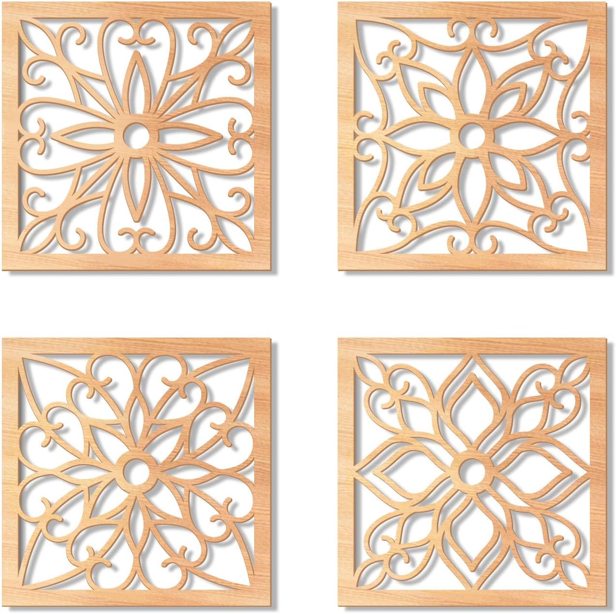 KOYILTD 4 Pieces Thicken Rustic Wall Decor,Flower Carved Wall Art,Wooden Hollow Carved Design (Square, 8.2in)