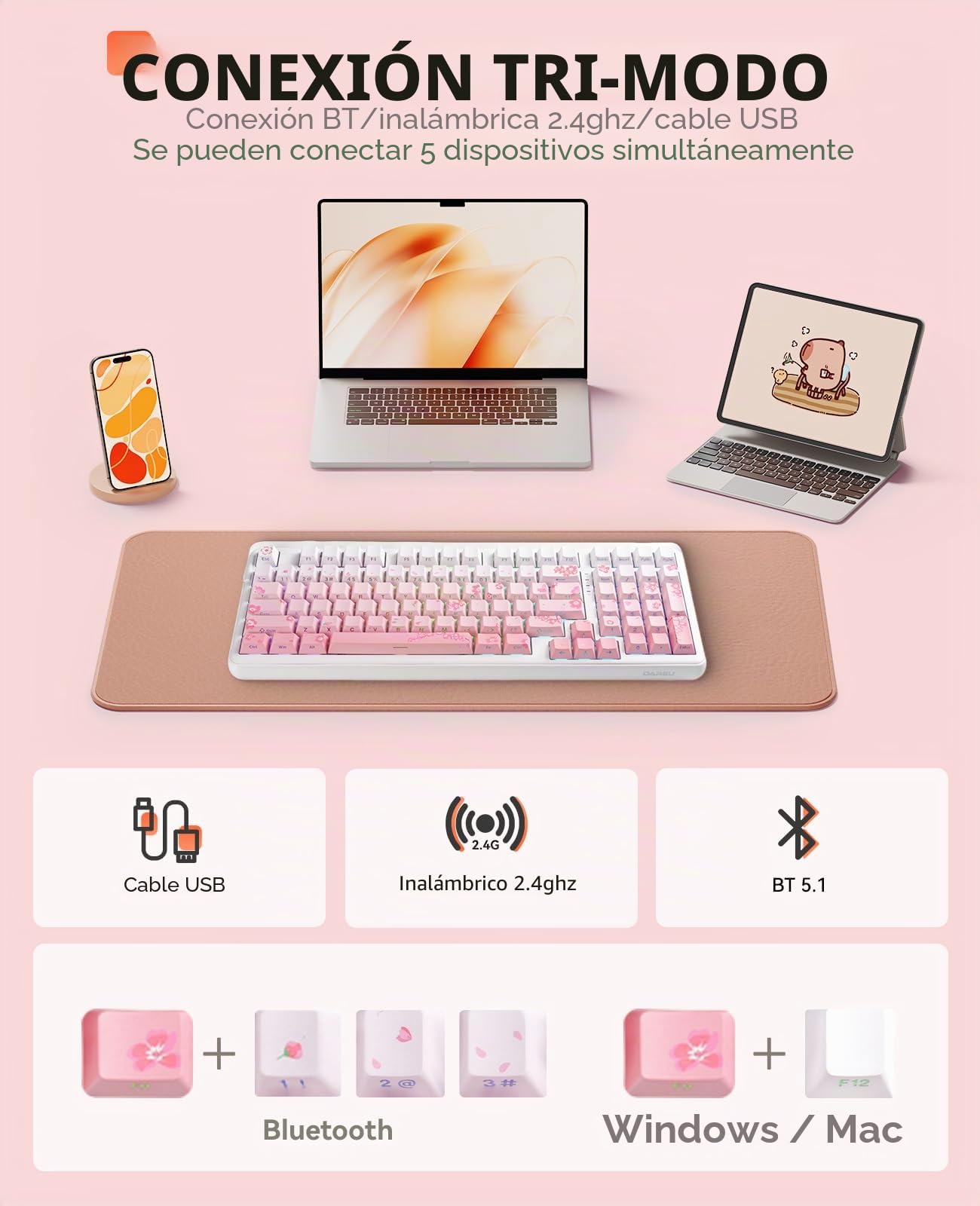 DAREU EK98PRO Sakura Rosa Teclado mecánico inalámbrico, Teclado Gaming con Tres Modos BT/2,4 GHz/USB-C, interruptores lineales prelubricados, personalización Intercambiable en Caliente para Win/Mac