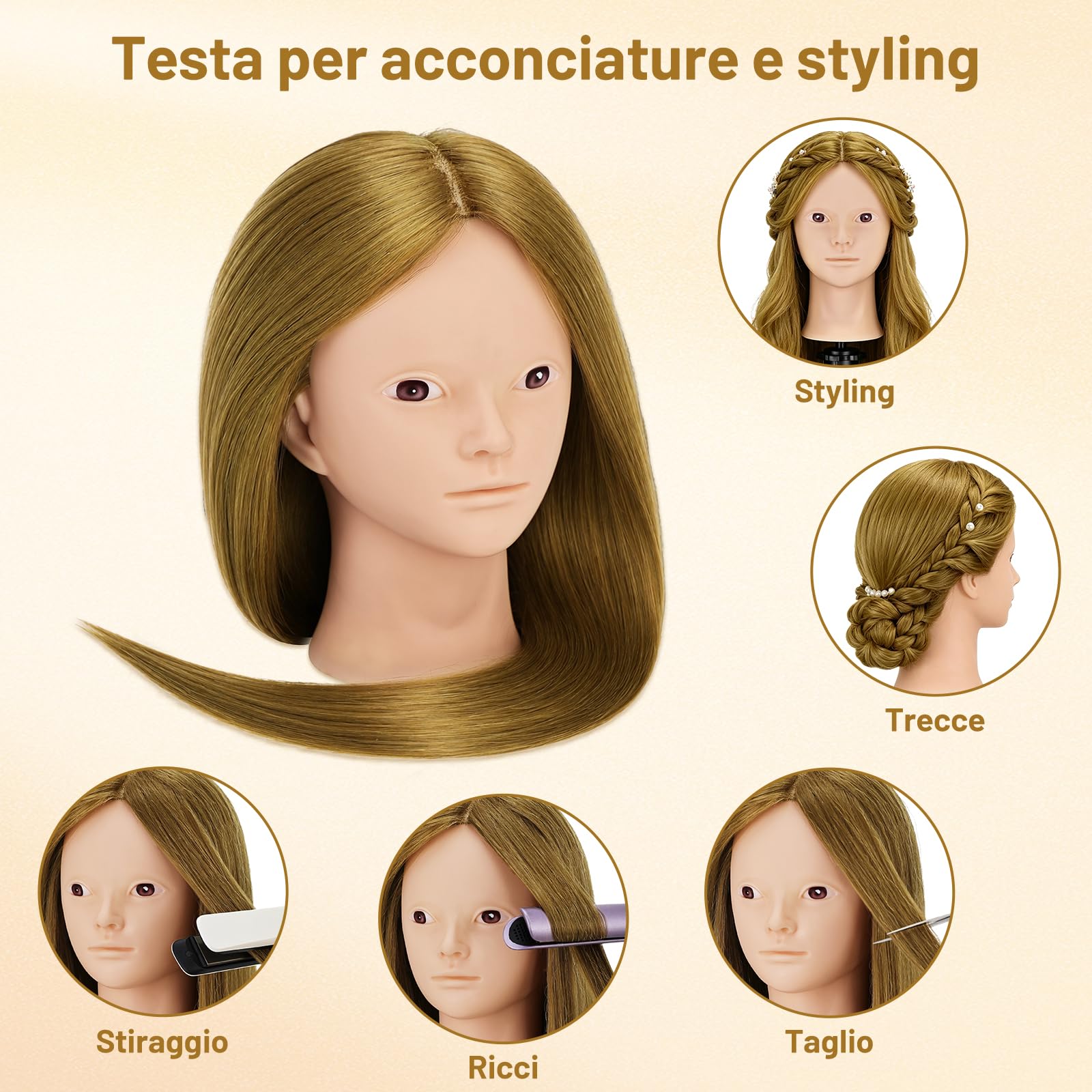 TwoWin Testa Parrucchiere 26 Pollici 66 cm Capelli Veri 80% Marrone dorato
