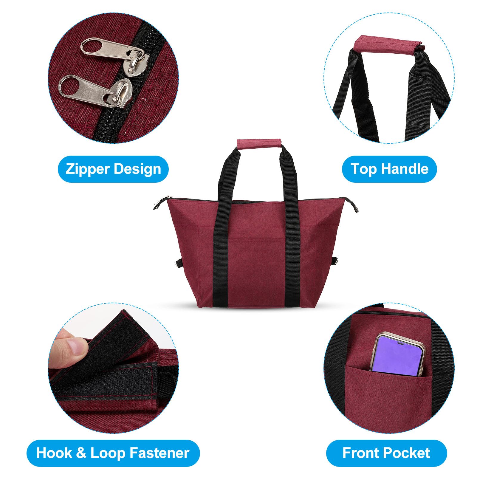Sac à déjeuner isotherme en tissu Oxford imperméable, sac fourre-tout thermique portable, boîte à déjeuner, récipient alimentaire pour le travail, le bureau, l'extérieur, 29 x 17 x 30 cm, rouge vin