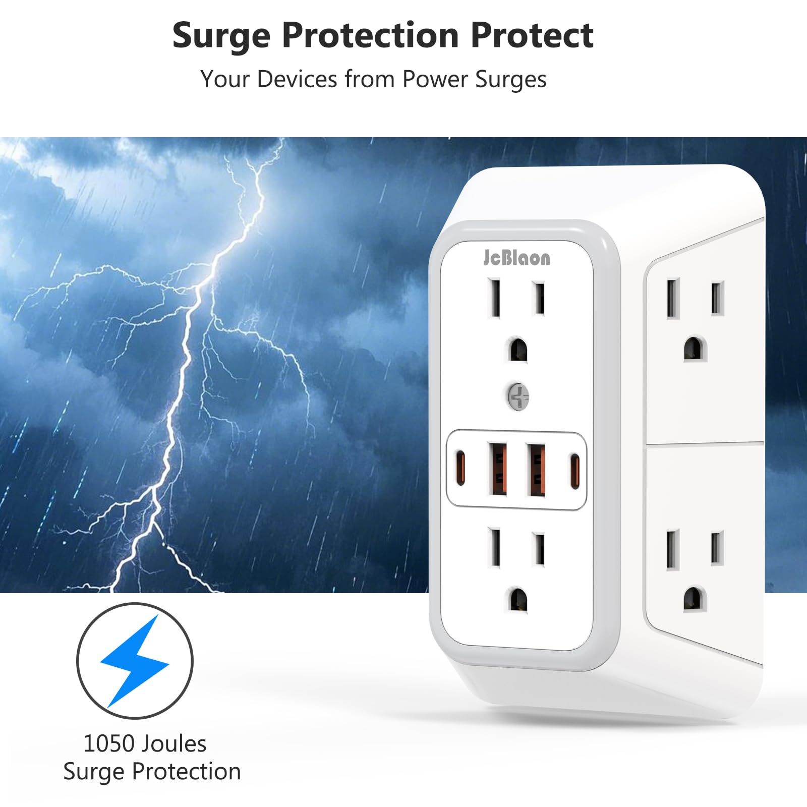 JcBlaon Chargeur mural USB, filtre de ligne, parasurtenseur avec 4 ports (2C), prise d'extension, multiprise, adaptateur d'espacement pour la maison, le bureau et les voyages, blanc