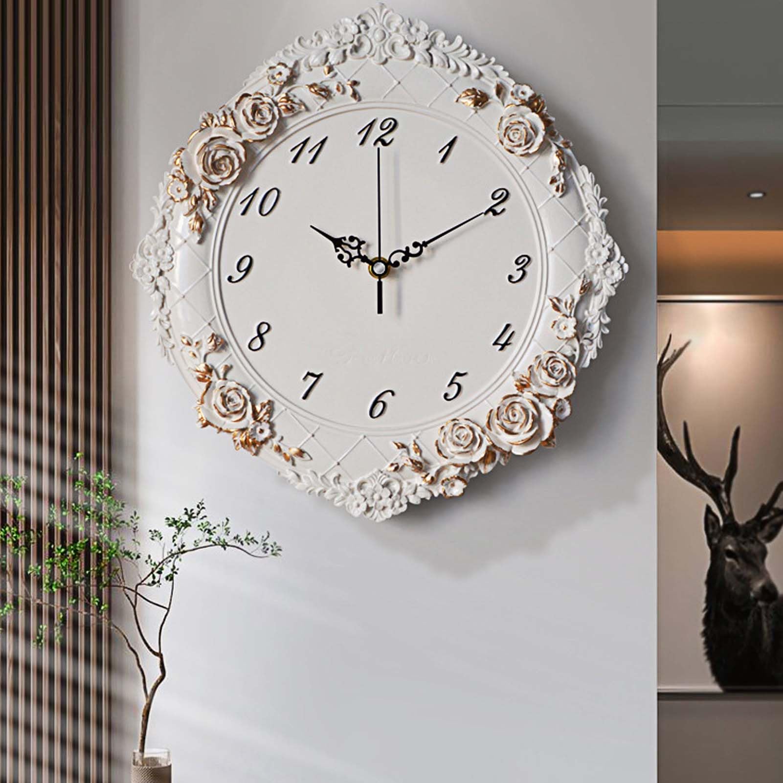 Europejski zegar ścienny w stylu retro, wyciszona róża ulga zegar na baterie do salonu, mural restauracji, dekoracja ścienna rękodzieła (7 kwiatów)