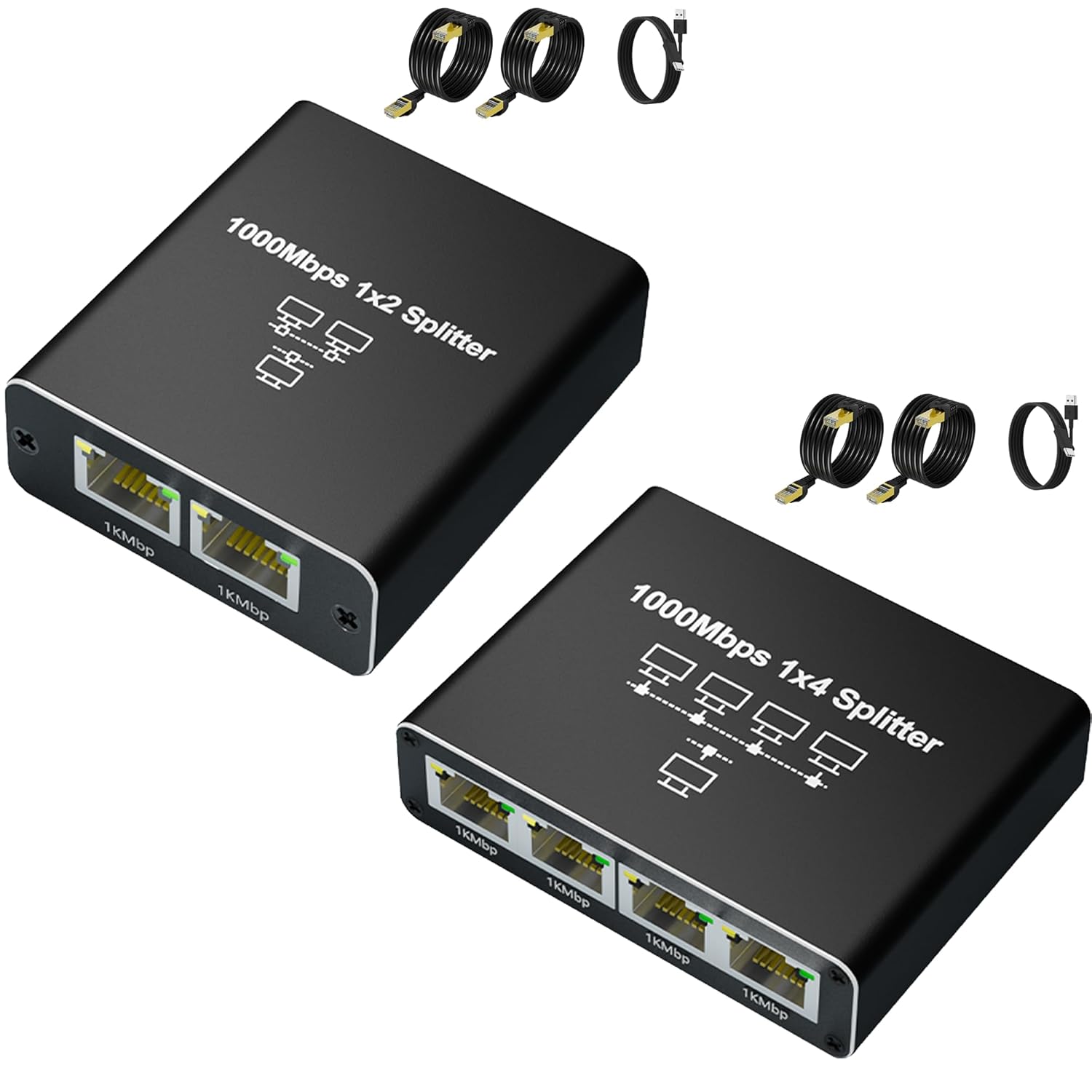 Gigabit Ethernet Splitter Bundle 1 to 2 & 1 to 4 with 2×6.6ft Cat6 RJ45 Cables – Network Splitter Adapter 1000Mbps for Cat5/5e/6/7/8