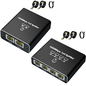 Gigabit Ethernet Splitter Bundle 1 to 2 & 1 to 4 with 26.6ft Cat6 RJ45 Cables Network Splitter Adapter 1000Mbps for Cat5/5e/6/7/8