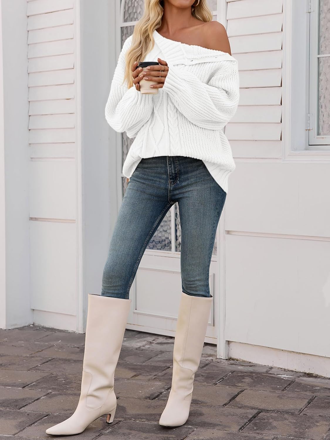 Saodimallsu Womens Oversized Cable Knit Sweaters 2025 Fall Winter Trendy Button Up Turtleneck Chunky Pullover Sweater Tops - Image 5