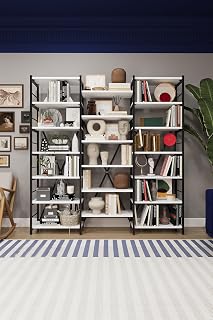 ASRA TREND Beyaz METALK03 3 Modüllü 17 Raflı Metal Kitaplık 165 cm Geniş Endüstriyel Kitaplık Modern Salon Kütüphanesi%100 MDFLAM Raf Ünitesi