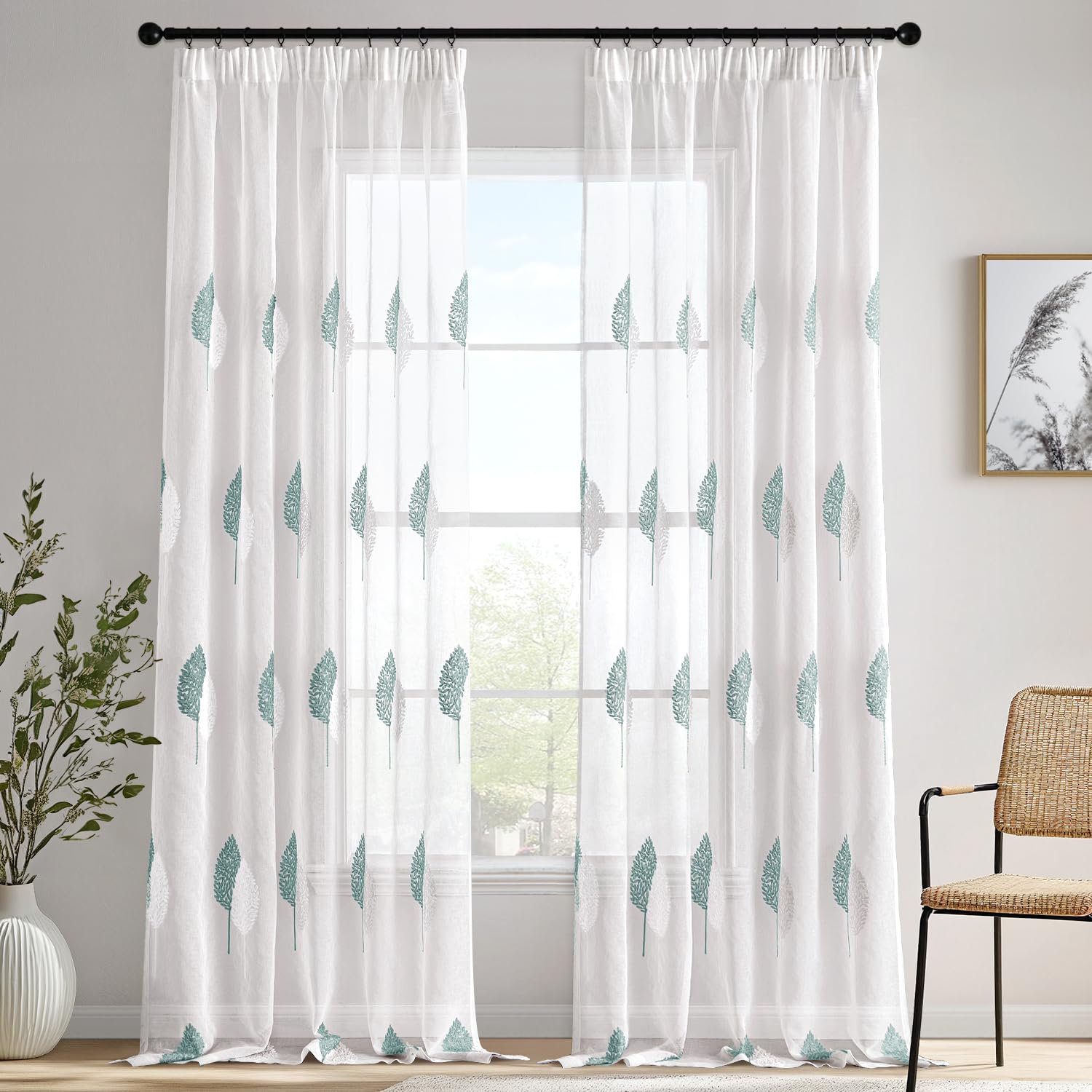 MIULEE Cortinas Blancas con Bordado de Hojas Azules y Blancas, Semitransparentes y Transpirables, Aptas para Rieles y Varillas, Juego de 2 Piezas, 140x260cm, Ideales para Sala y Dormitorio