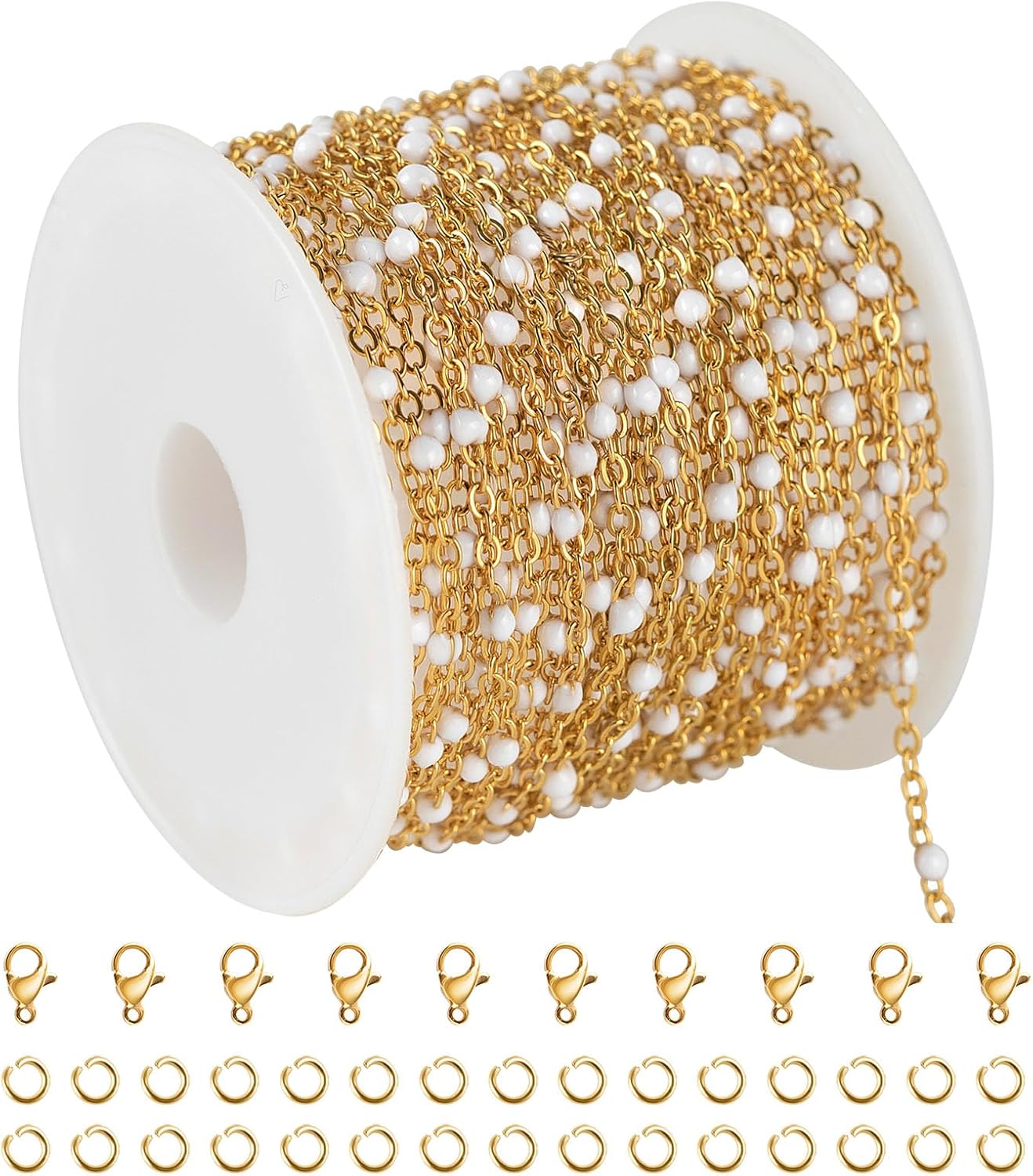 KYUNHOO 16.4 Feet/5M Stainless Steel Beaded Chain for Jewelry Making - Gold Plated Bulk Thin Cable Link With Findings for DIY Craft