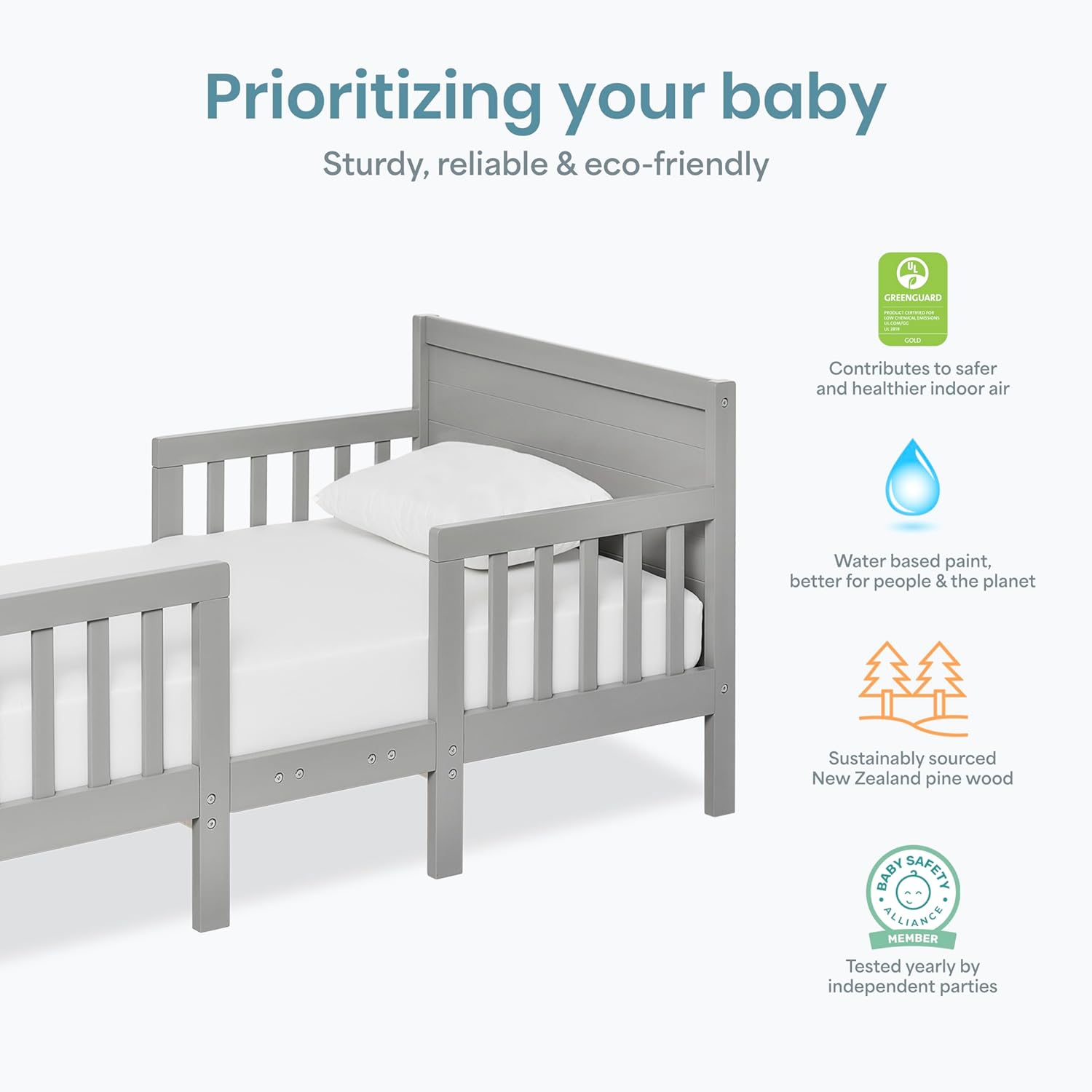 Dream On Me Hudson 3-in-1 Convertible Toddler Bed, 4 Safety Guard Rails, Low-to-Floor Design, Greenguard Gold & BSA Certified, Solid New Zealand Pinewood, Converts to Chairs & Table – Cool Grey