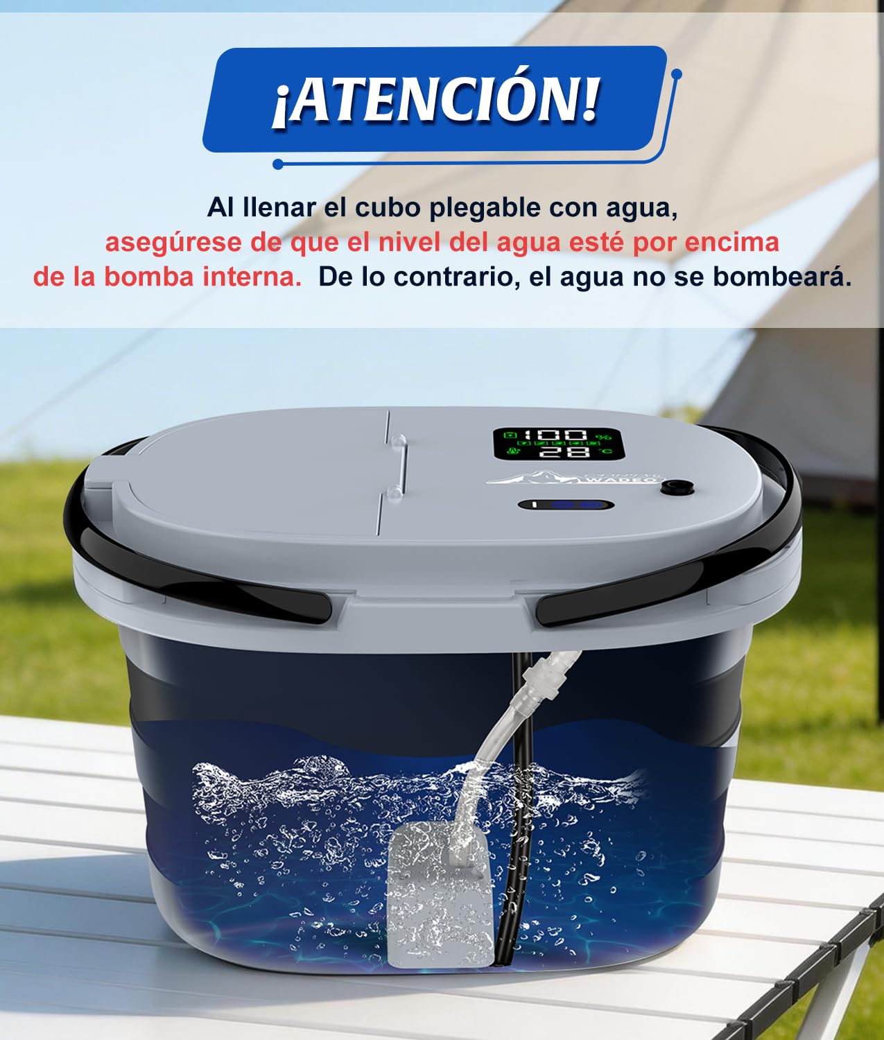 WADEO 2026 Nueva Ducha de Camping con Bomba integrada [13 000 mAh] y Cubo de Agua Plegable, 5 Niveles de Velocidad y 4 Tipos de Chorro, para Acampada, Autocaravana, Mascotas, Playa y jardín