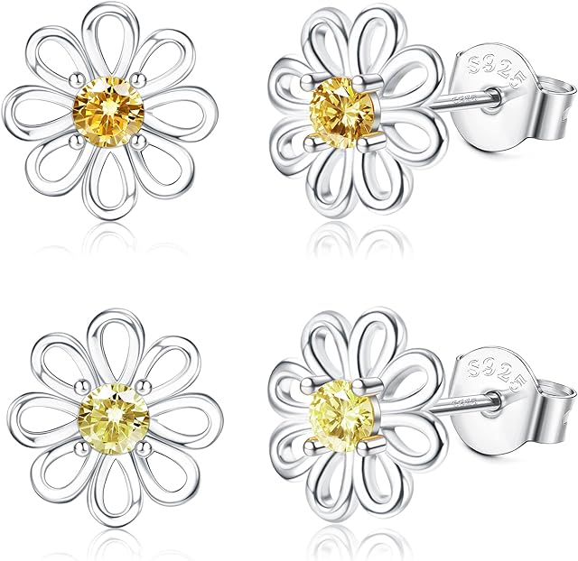ORAZIO 925 Sterling Silver Daisy Stud Earrings Hypoallergenic CZ Flower Earring Stud Small Sunflower Earring Cute Fashion Ear Jewellery For Women Girls Kids