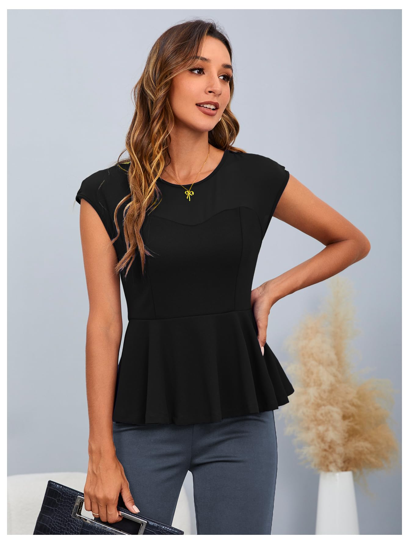 OYOANGLE Women's Elegant Sheer Mesh Cap Sleeve Ruffle Hem Flared Work Peplum Blouse Tops
