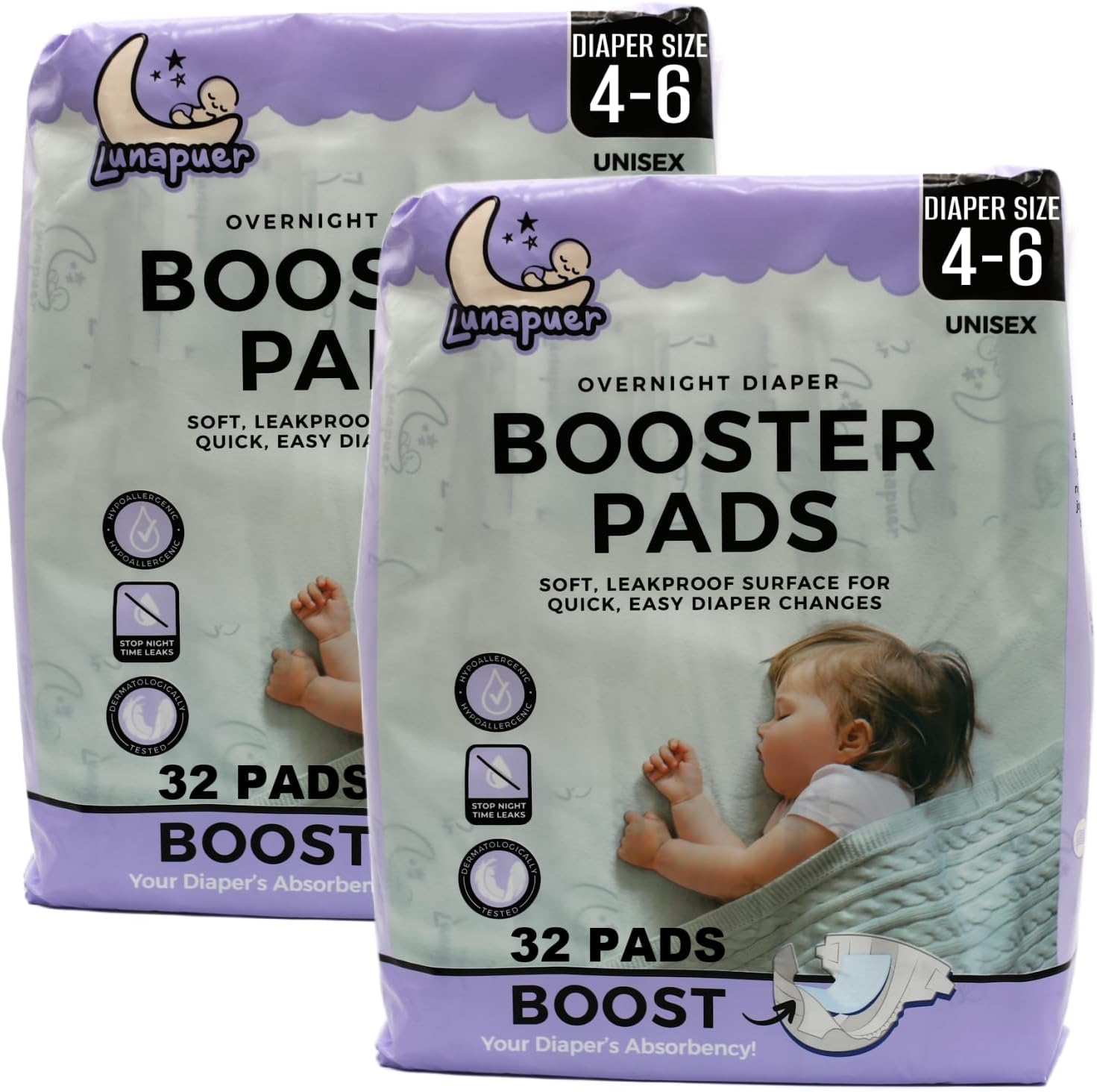Diaper Booster Pads Overnight – Adhesive Diaper Inserts for Boys & Girls – Overnight Liners for Sizes 4–6 – Stops Leaks, Reduces Rash – Booster Pads Baby (2 Packs)