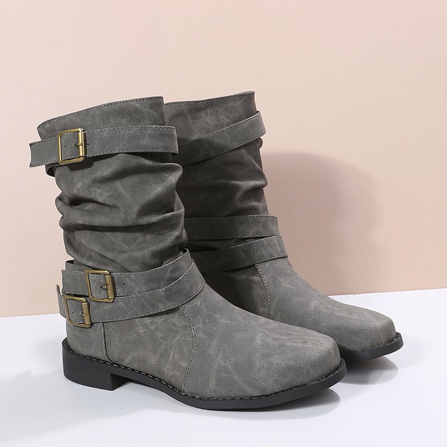 Women's Leather Wide Width Slouchy Ankle Boots with Buckle Classic Round Toe Comfort Low Chunky Heel Pull-On Mid Calf Boots Fashion Western Short Booties